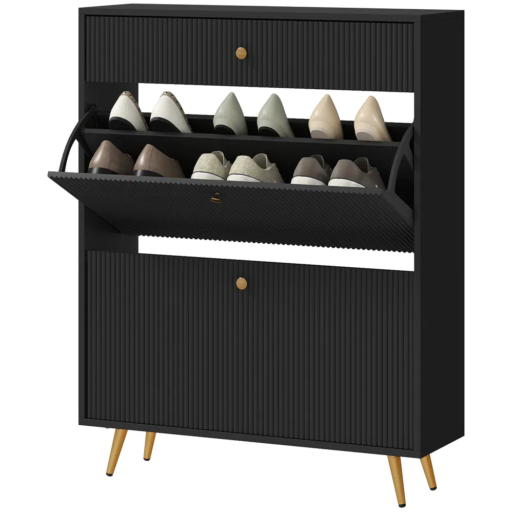 Narrow Shoe Storage Cabinet with Wave-like Panels and Adjustable Shelves for 12 Pairs of Shoes, Black photo 7