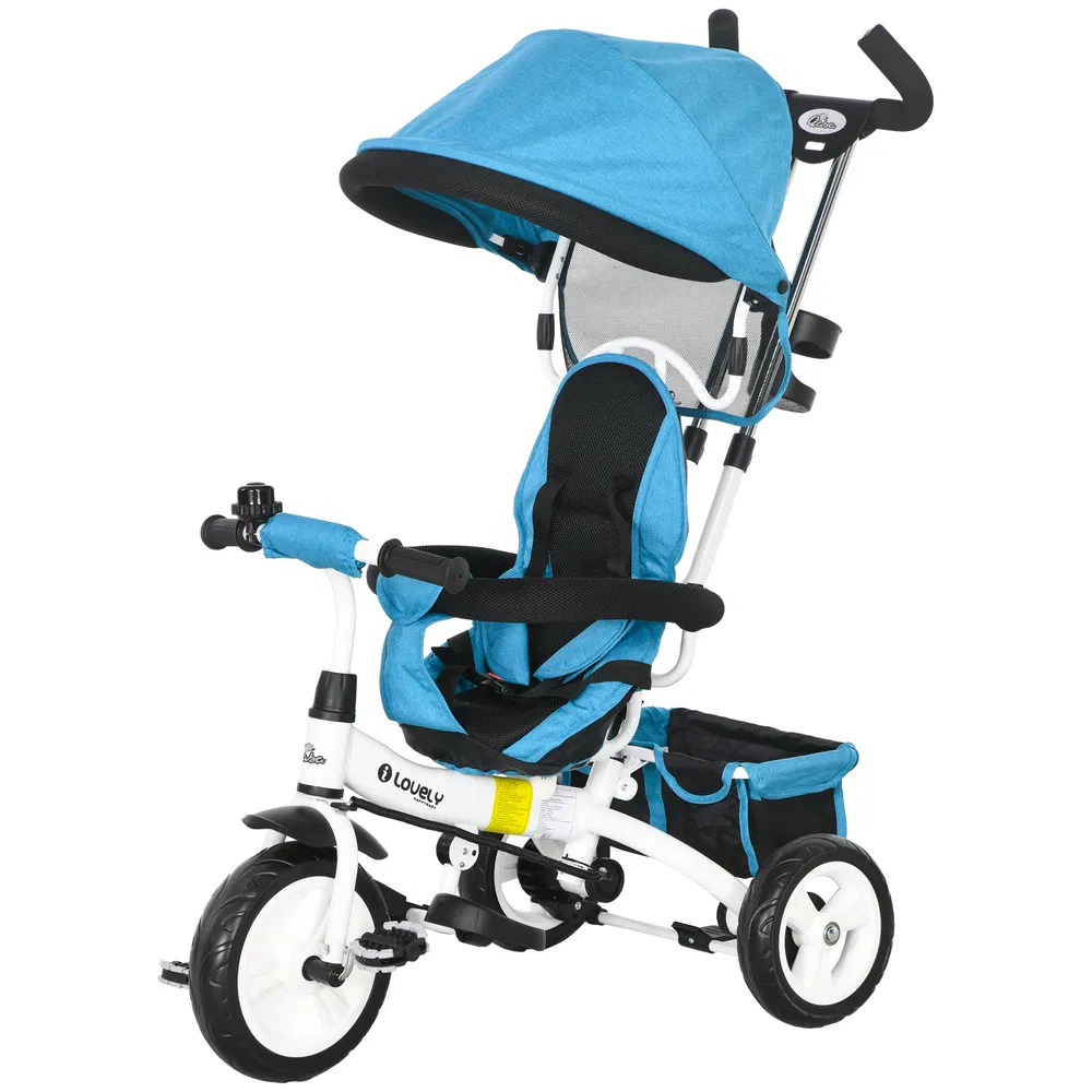 6 in 1 Toddler Tricycle Stroller with Basket, Canopy, 5-point Safety Harness, for 12-60 Months, Blue photo 7