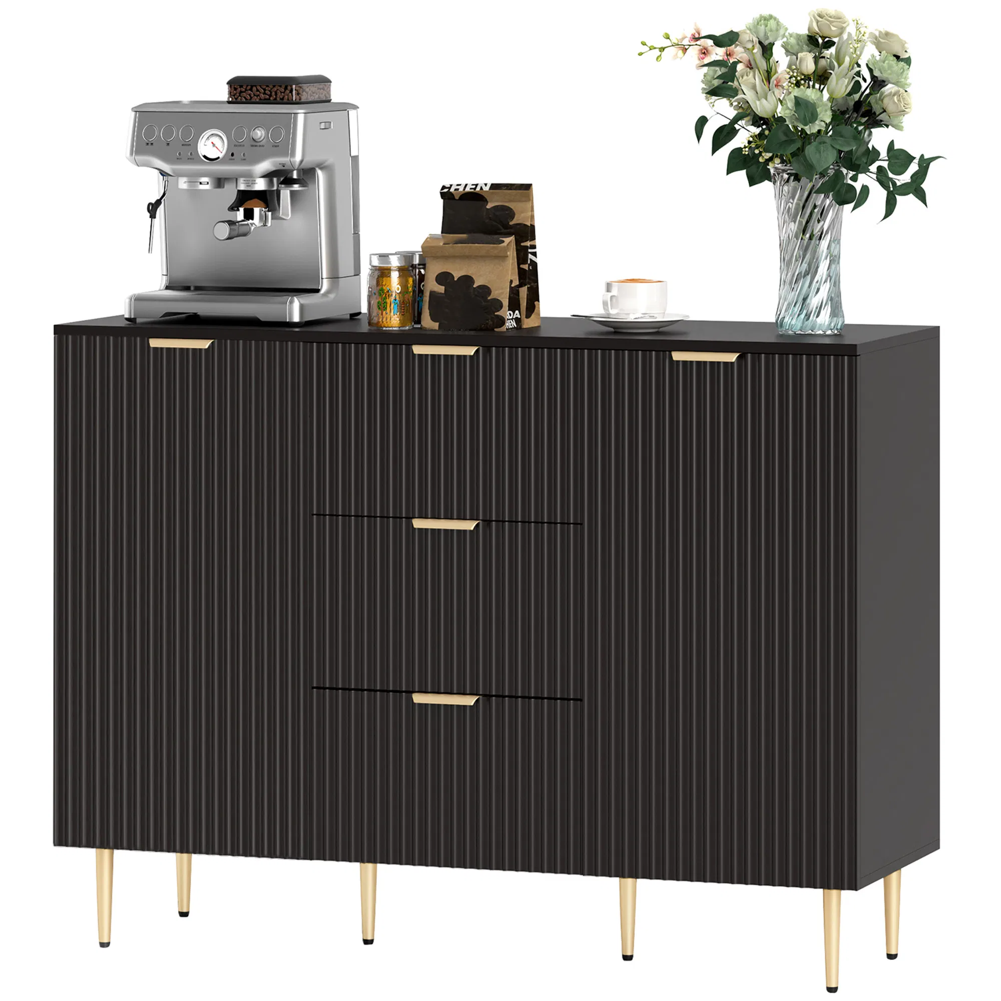 Modern Kitchen Storage Cabinet, Sideboard Buffet Cabinet w/ 3 Drawers and Adjustable Shelves for Kitchen Hallway, Black photo 1