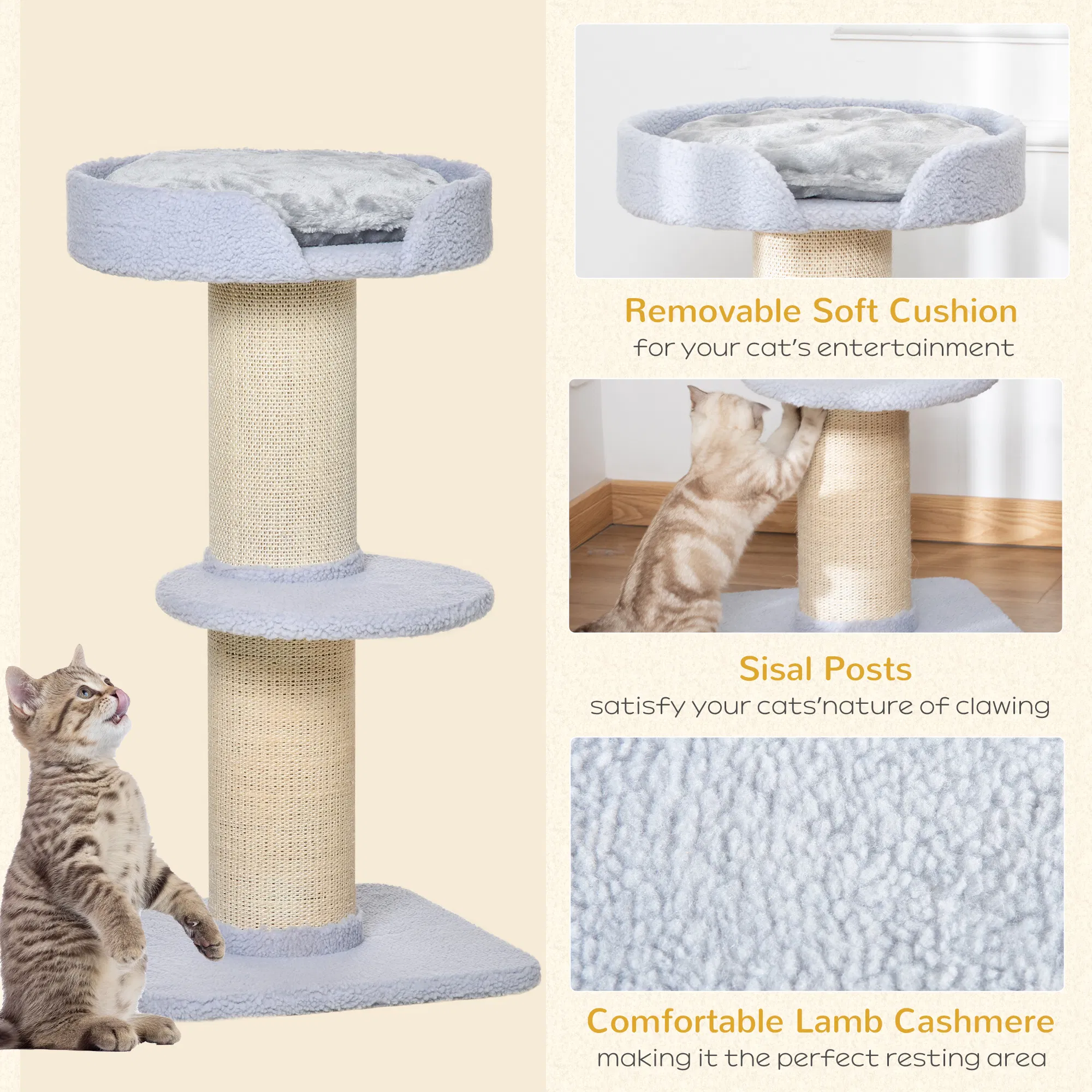 Cat Tree Kitty Tower with Sisal Mat Scratching Post, Cat Bed, Cushion, Perch, 18" x 18" x 36", Light Blue photo 3