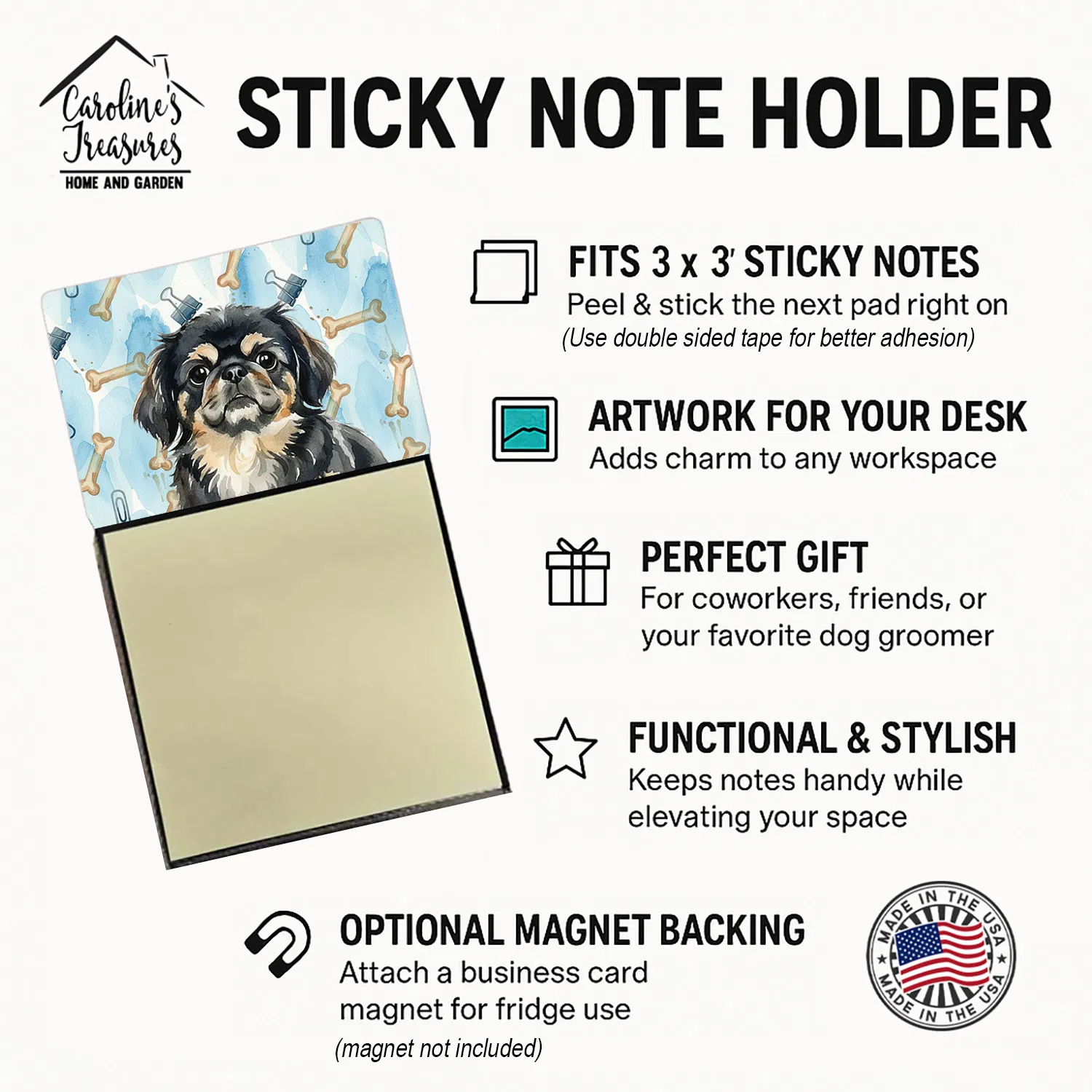 Black and Tan Pekingese Coworker Watercolor Sticky Note Holder Refillable Dispenser Desk Accessory 3x3 Pad Gift photo 6