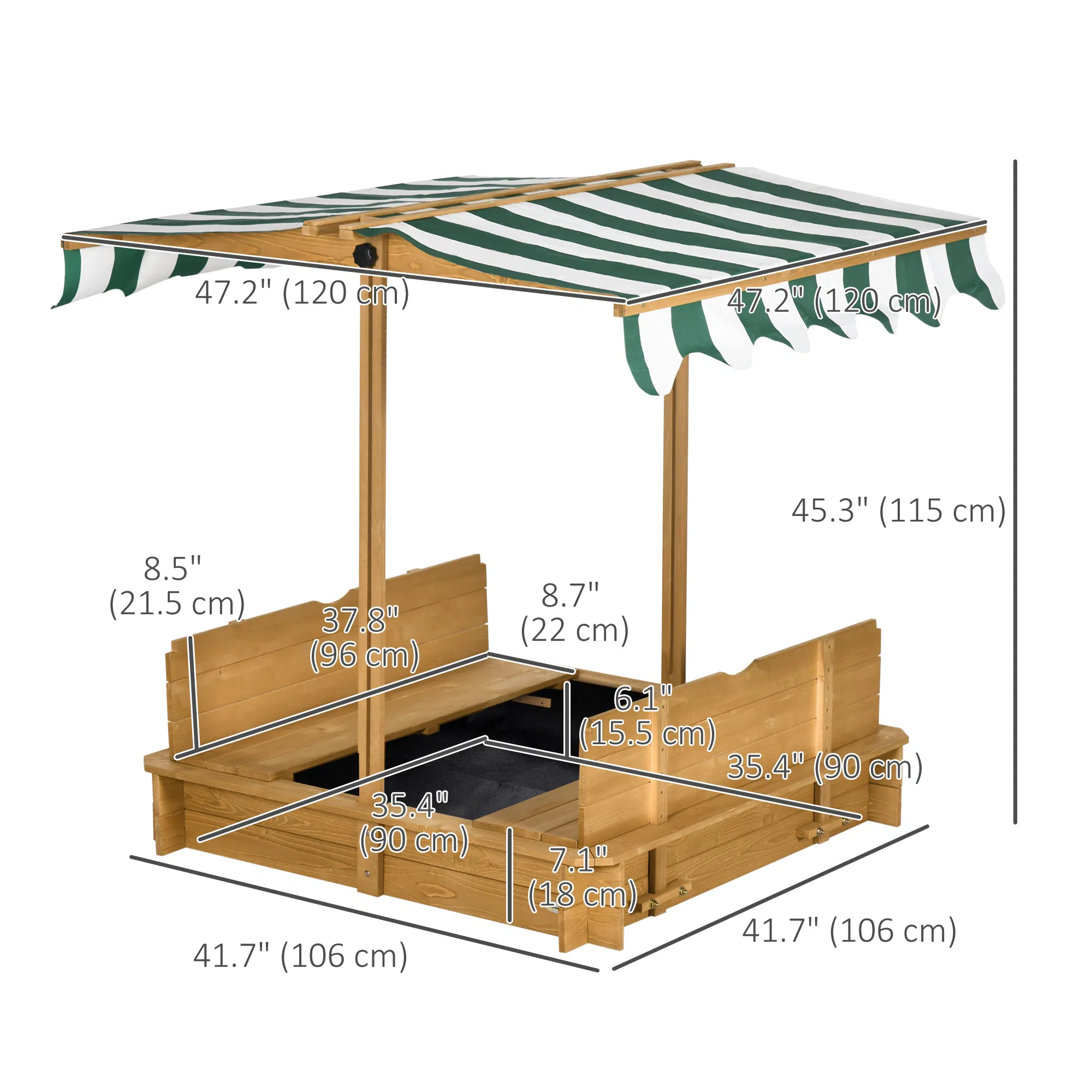 Wooden Kids Sandbox with Cover, Sand Play Station with Foldable Bench Seats and Adjustable Canopy, Light Brown photo 3