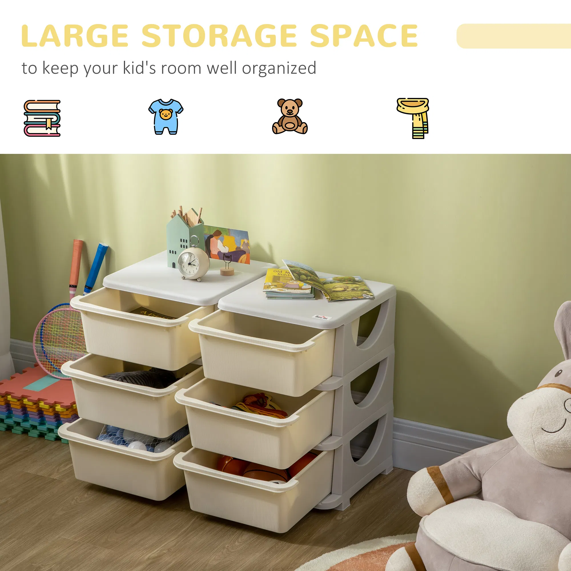 3 Tier Kids Toy Organizer and Storage Bins with 6 Plastic Drawers, Cream White photo 3