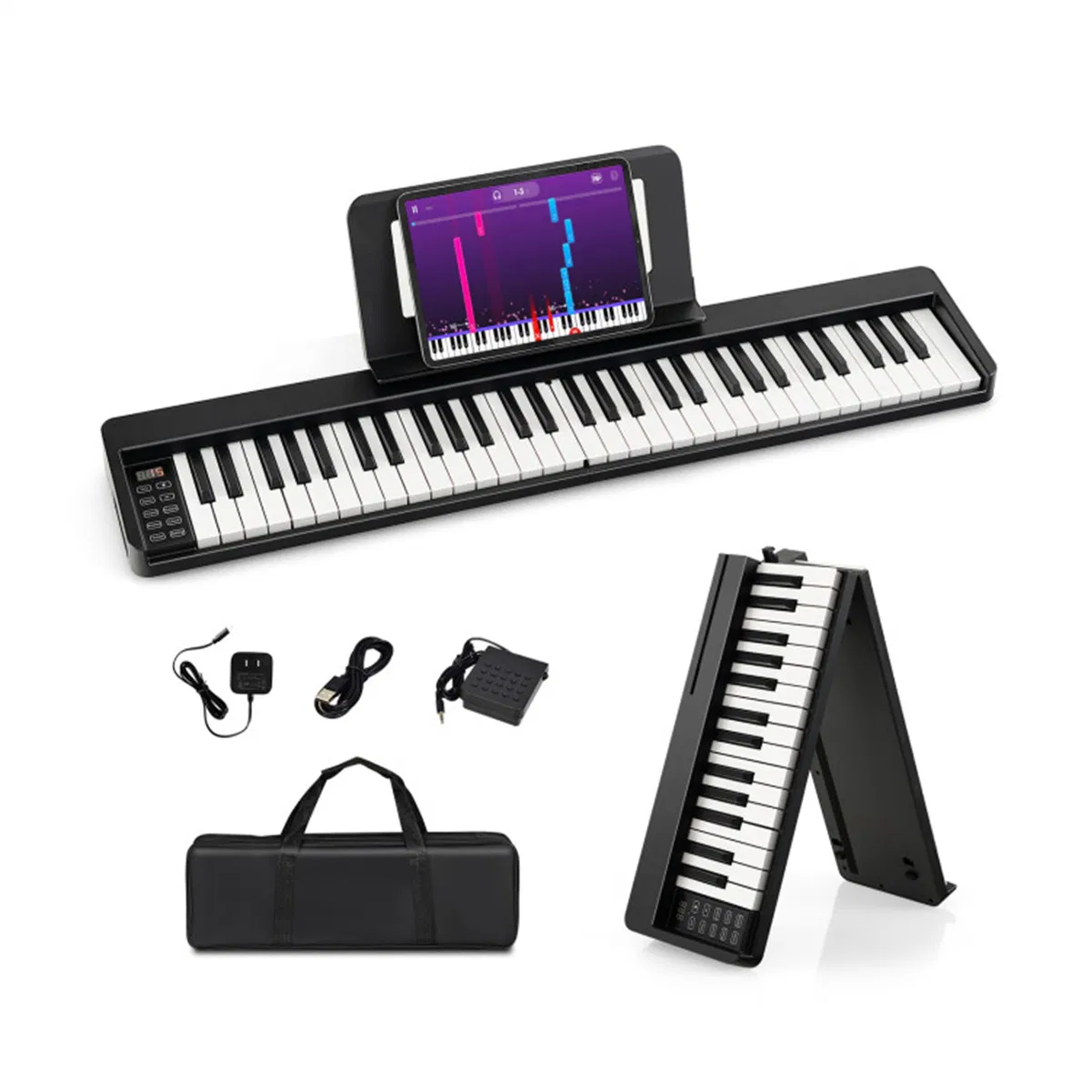 Foldable 61-Key Full-Size Digital Piano, 90.17×17.78×5.08 cm Wireless MIDI Keyboard with 1750mAh Rechargeable Battery, Black photo 1