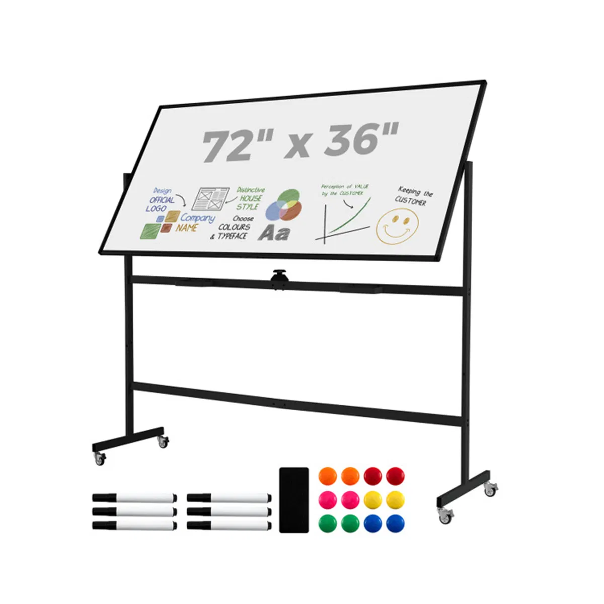360° Rotating Double-Sided Magnetic Whiteboard, 182.88×91.44cm Writing Surface Mobile Dry Erase Board with Casters, Black photo 1