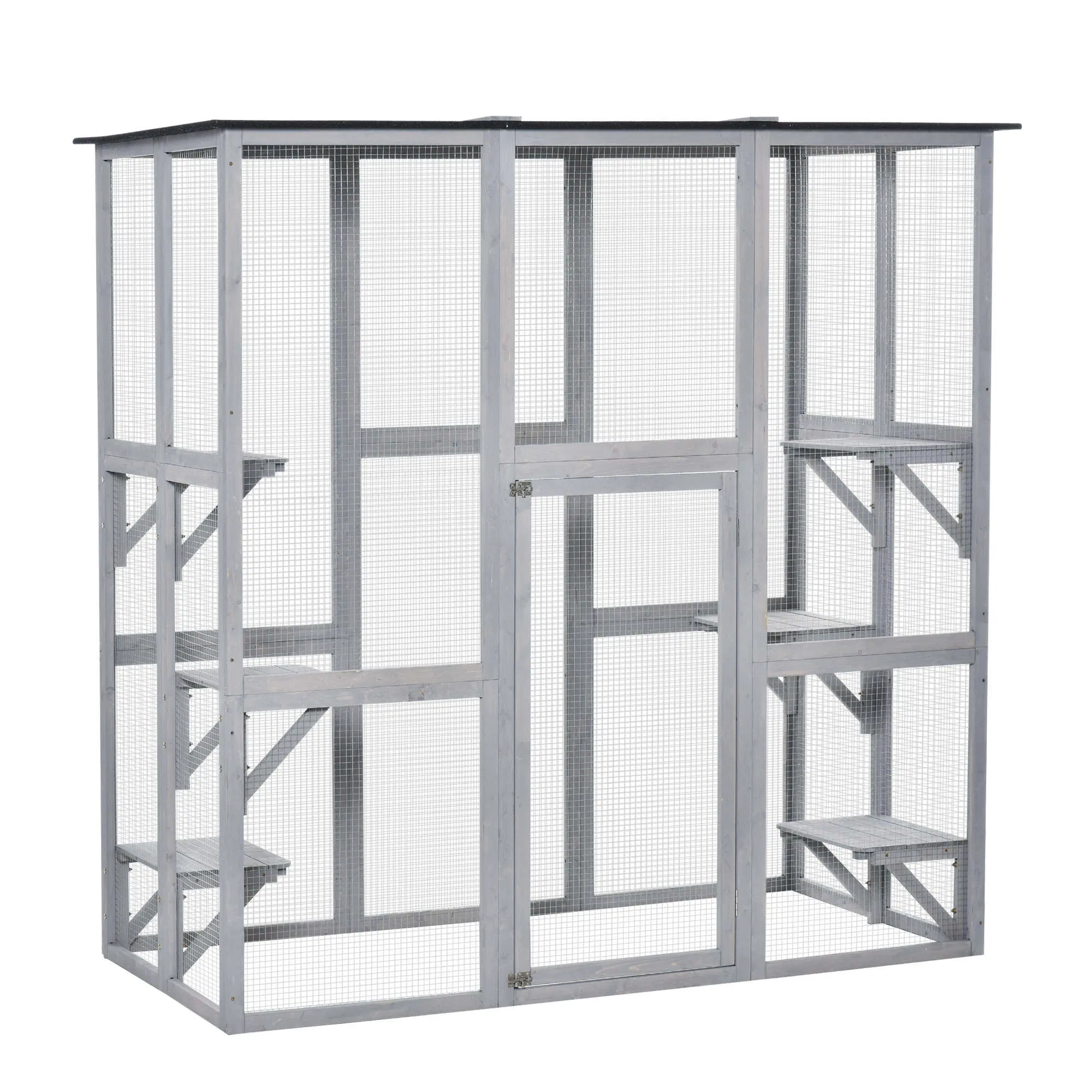 Large Outdoor Catio Enclosure, Weatherproof Cat House with Asphalt Roof, Wooden Cat Patio Cage with 6 Balanced Platforms, 71" x 39" x 71", Grey photo 1
