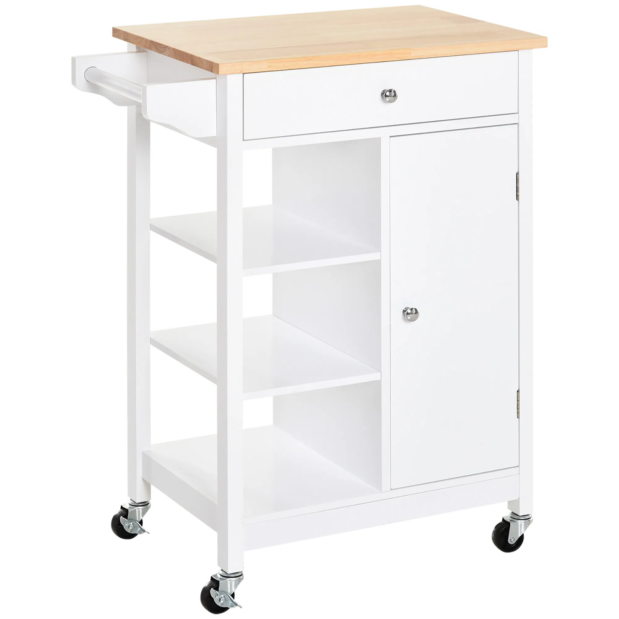 Modern Rolling Kitchen Island Cart with Drawer, Natural Wood Top, Towel Rack, Door Storage Cabinet, White photo 1
