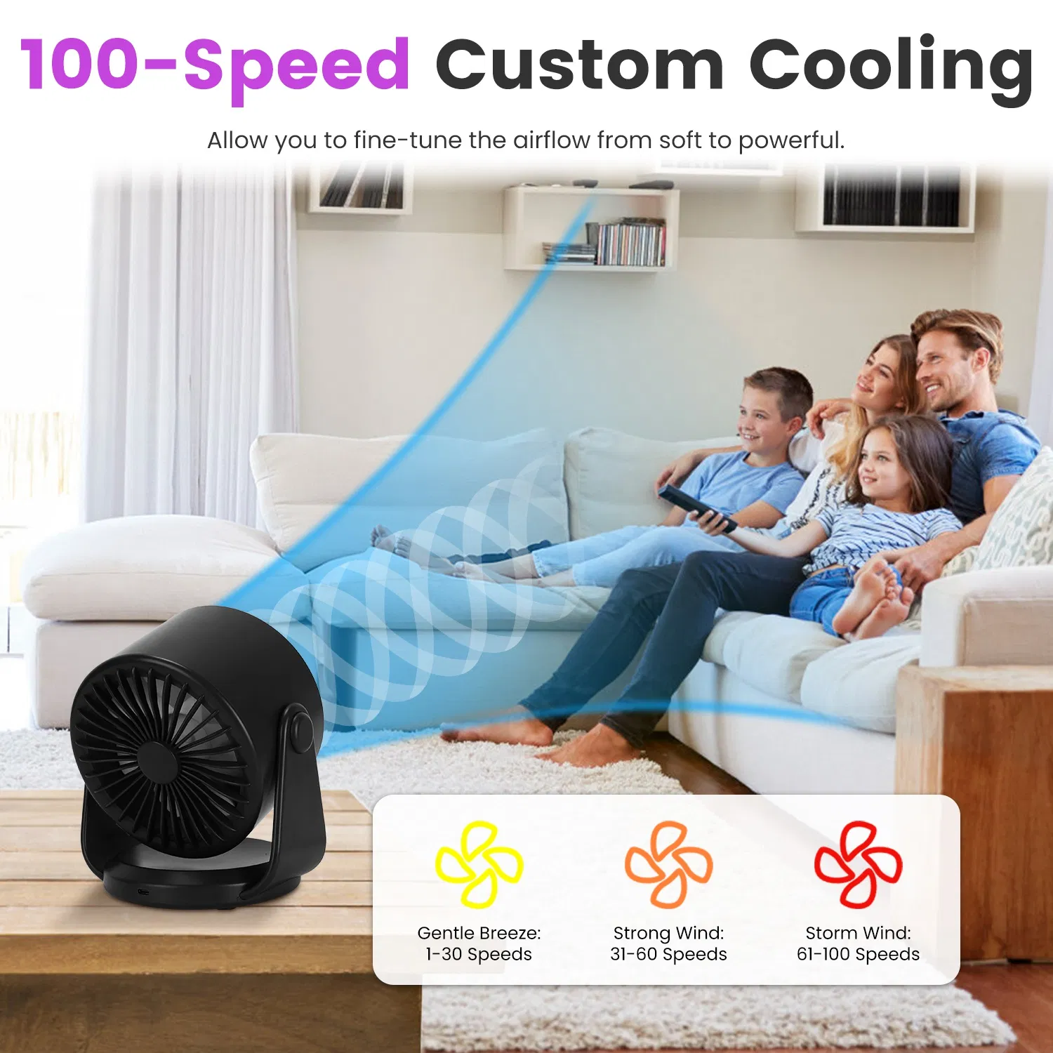 Multi-Speed Personal Desk Fan 100 Adjustable Airflow Levels LCD Control Panel, 120° Manual Tilt Stand & Wall Mount Support USB Rechargeable Portable Fan photo 3
