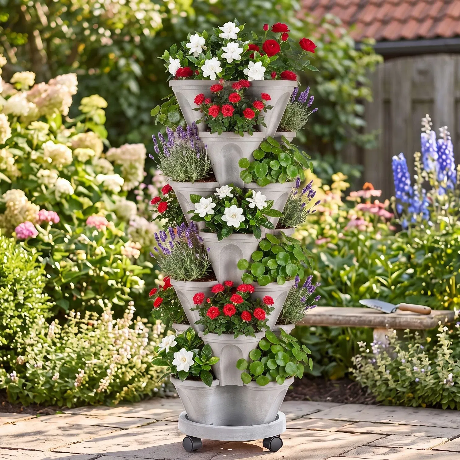 7-Tier Vertical Stackable Planter Tower with Casters, Space-Saving Stack-Up Garden Pots with Complete Tool Kit for Balcony, Deck, Indoor & Outdoor Gardening photo 2