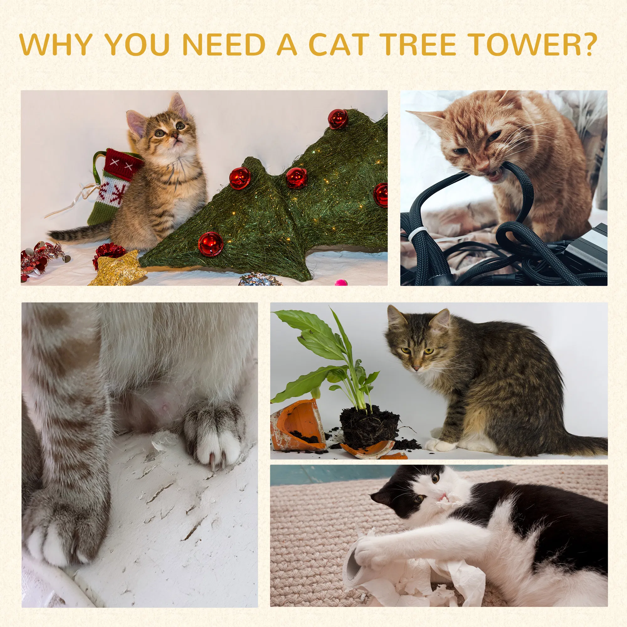 52" Multi-Level Cat Tree Tower, Kitten Scratcher Activity Center Play House with Hammock - Grey photo 3
