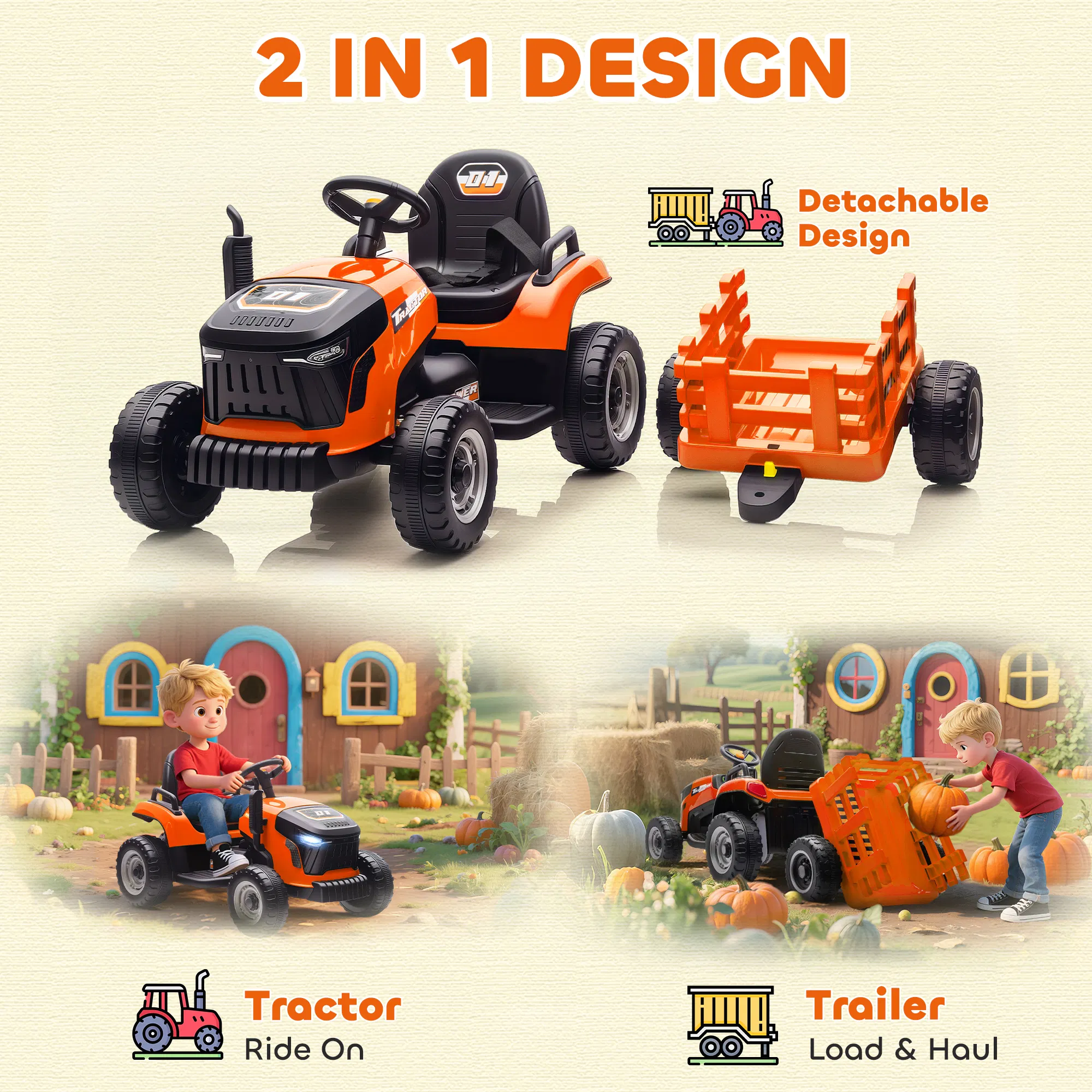 12V Kids Ride On Tractor with Trailor, Remote Control, Music, Lights, Shifter, for Kids Ages 3-8 Years, Orange photo 5