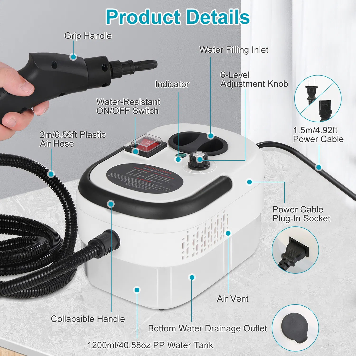 2500W Handheld Steamer Cleaner Multifunctional Little Steamer Powerful High Temp Steam Clean Machine for Cleaning Car Detailing Couch Floor Tile Microwave Mattress Bed Bugs Windows photo 3