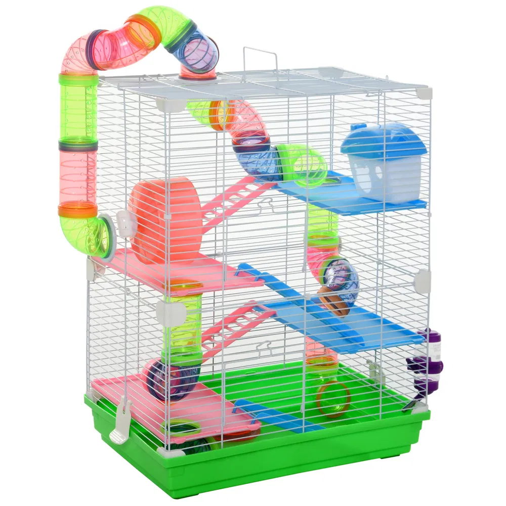5 Tiers Hamster Cage Portable with Exercise Wheels Play Tube Water Bottle Dishes House Ladder for Gerbils, Green photo 7