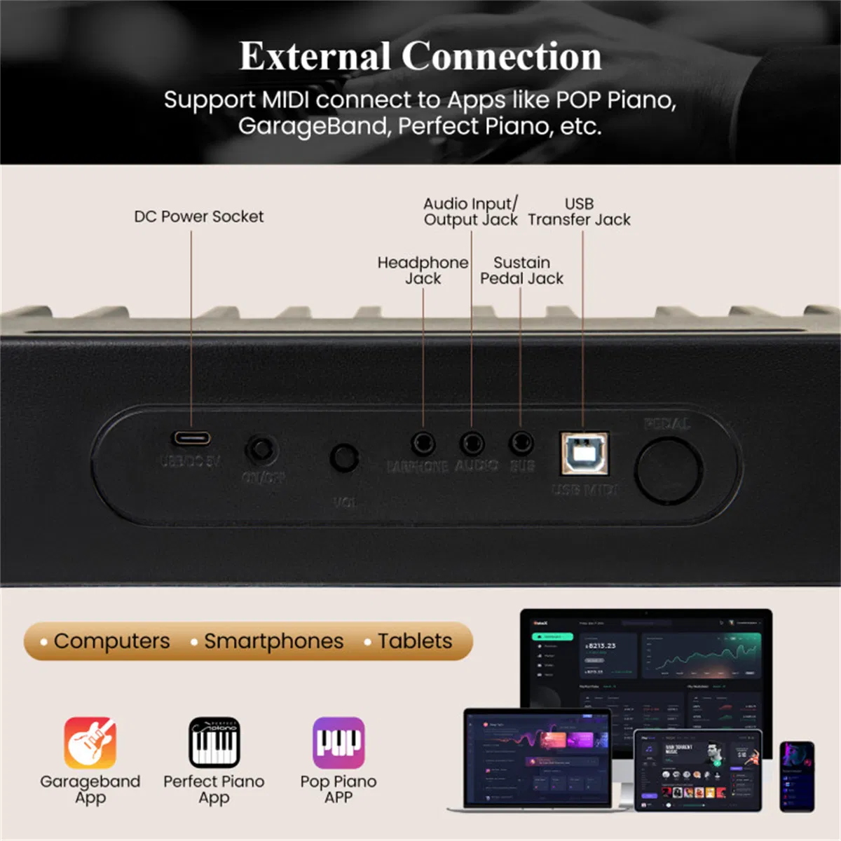 88-Key Velocity-Sensitive Digital Piano, 124.46×24.13×6.35 cm French DREAM Audio Source Keyboard with Split Function for Duet Playing, Black photo 6