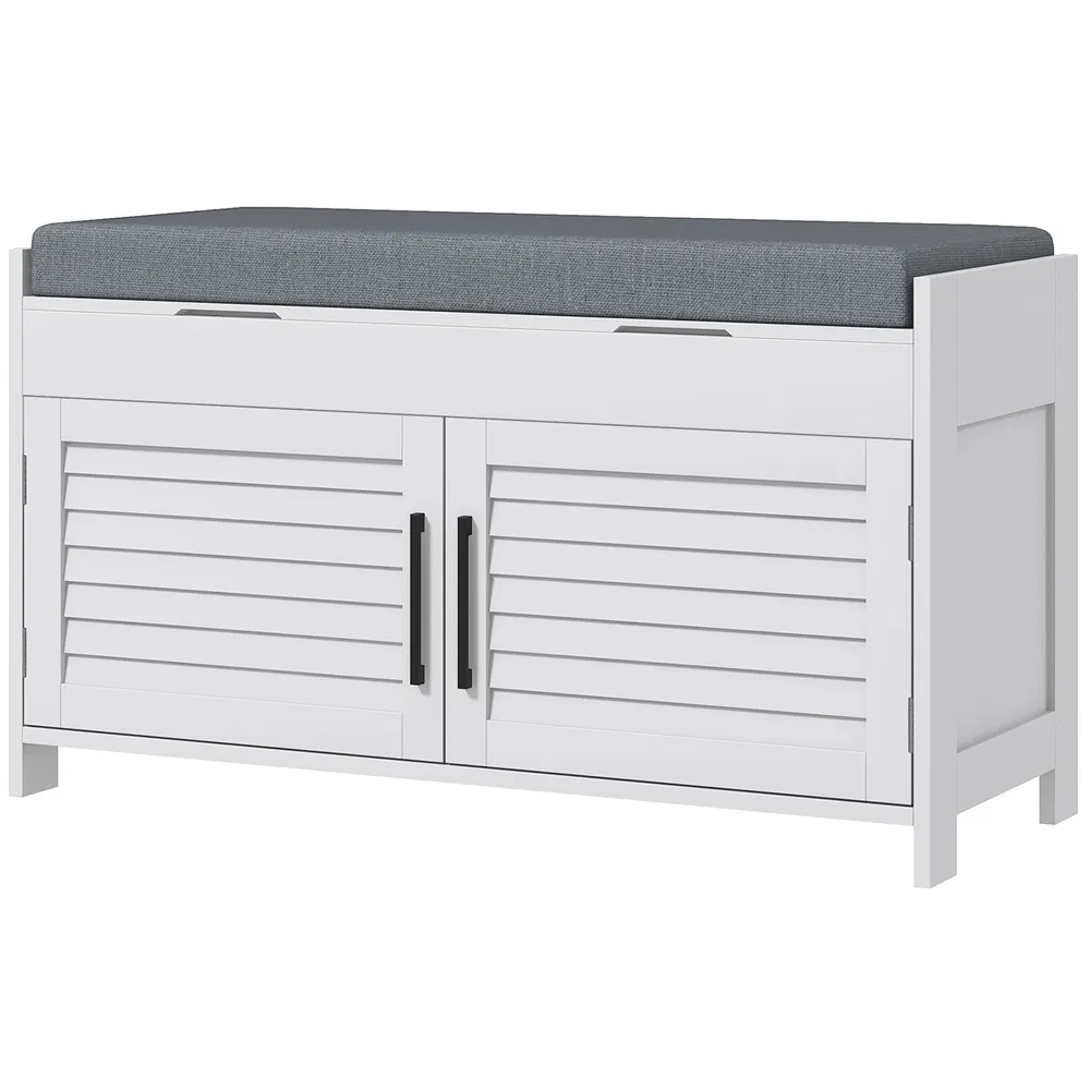 Entryway Bench with Cushion, Hidden Storage, Adjustable Shelves and Shutter Doors, 35.4" Shoe Bench, White photo 7