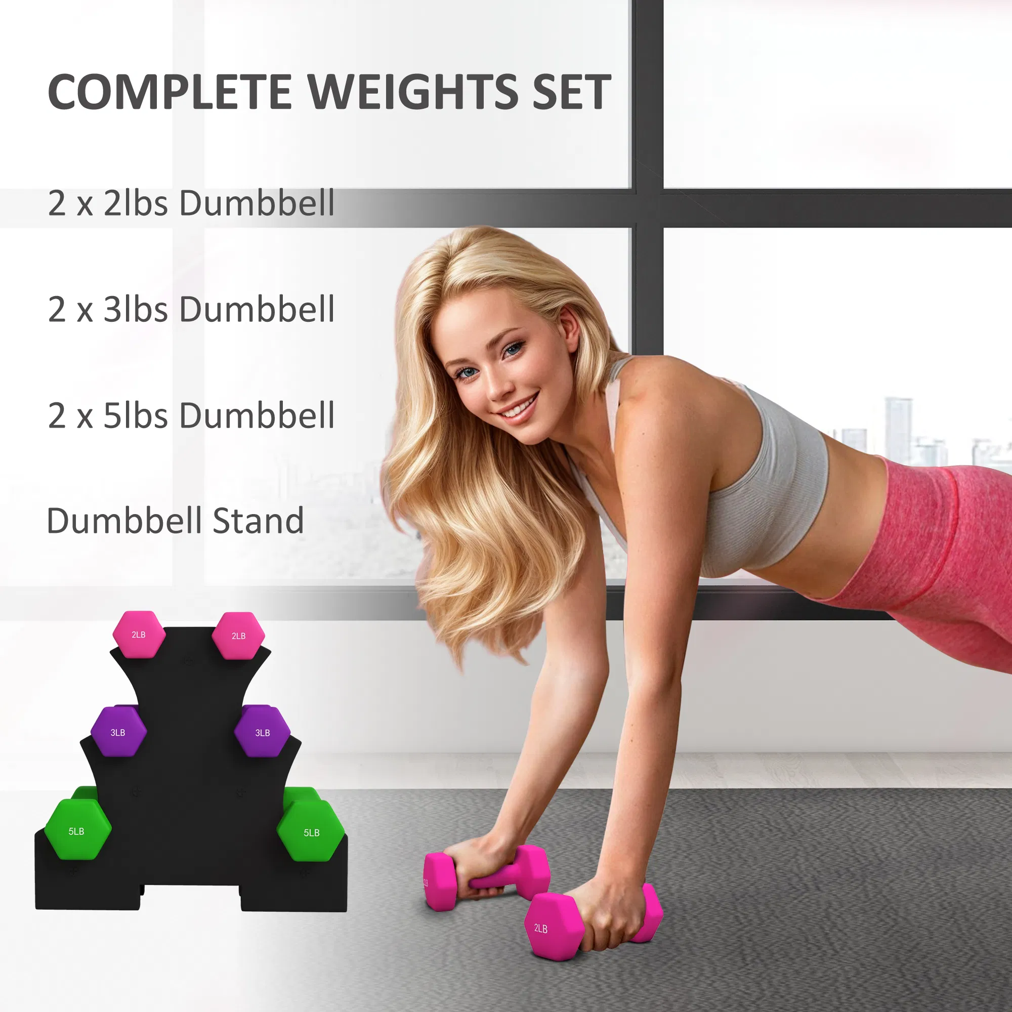 2 x 2 lbs., 2 x 3 lbs., 2 x 5 lbs. Dumbbells Set with Dumbbell Rack, Hand Weights for Home Gym Training photo 6