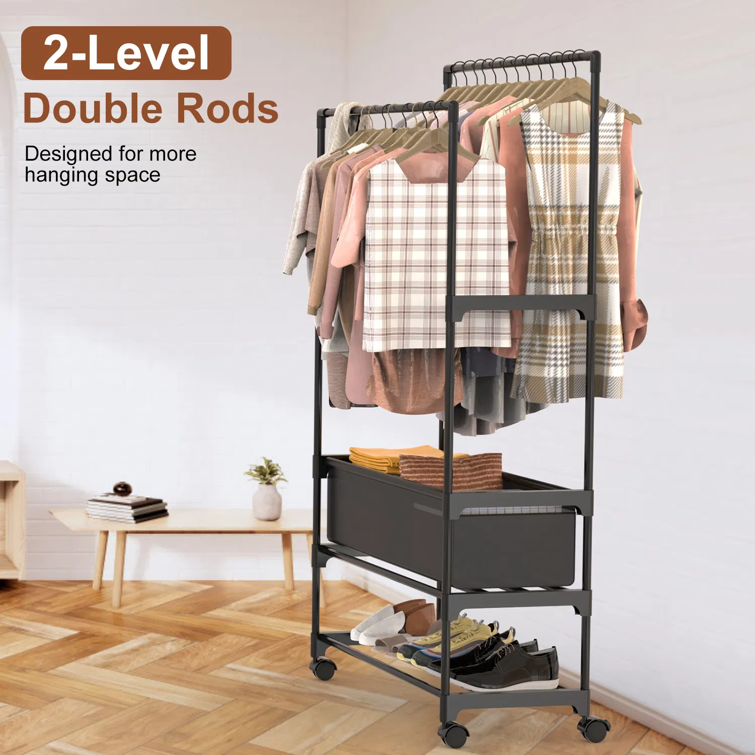 3 Tiered Portable Clothing Rack For Bedroom Entryway Double Hanging Rods Sturdy Iron Garment Rack With Double Hanging Rods Adjustable Storage Bag Quiet Wheels photo 4
