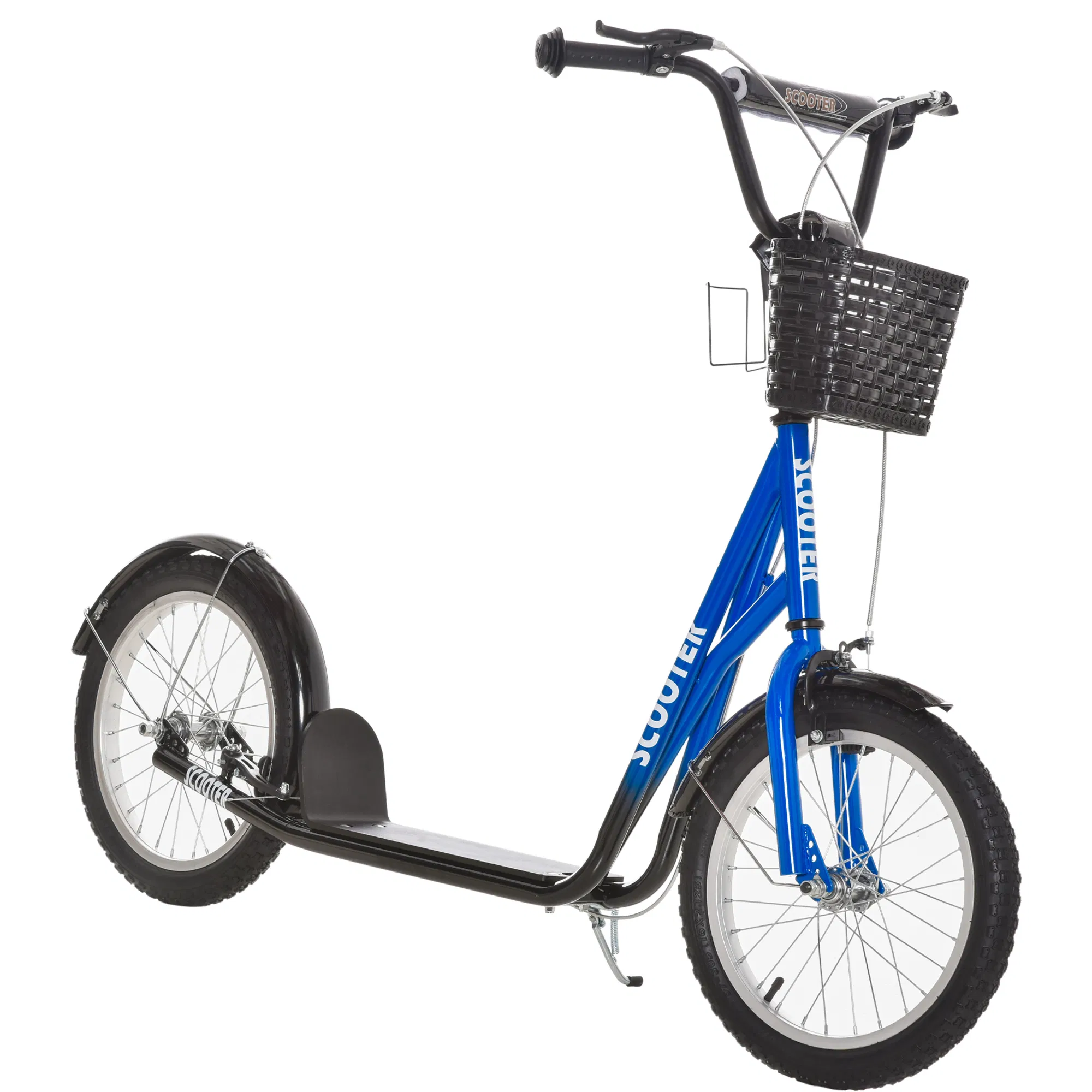 Kick Scooter with Adjustable Handlebar, Kids Scooter with 2 Brakes Basket Cupholder 16" Inflatable Rubber Tyres Blue photo 1