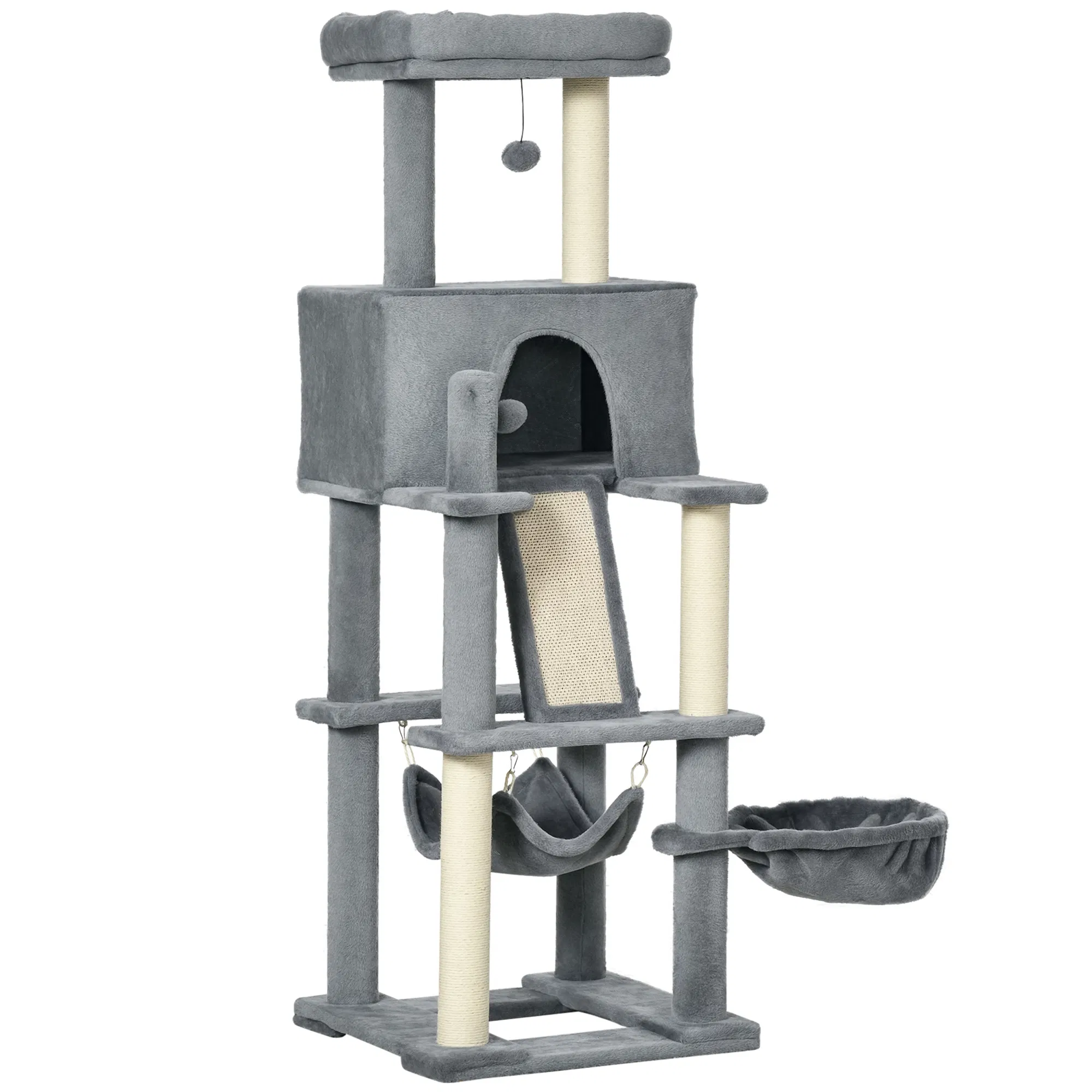 55" Cat Tree for Indoor Cats, Cat Tower, Kitty Activity Center with Cat Bed Ramp Condo Hammocks Hanging Ball Toys Sisal Rope Scratching Post, Grey photo 1