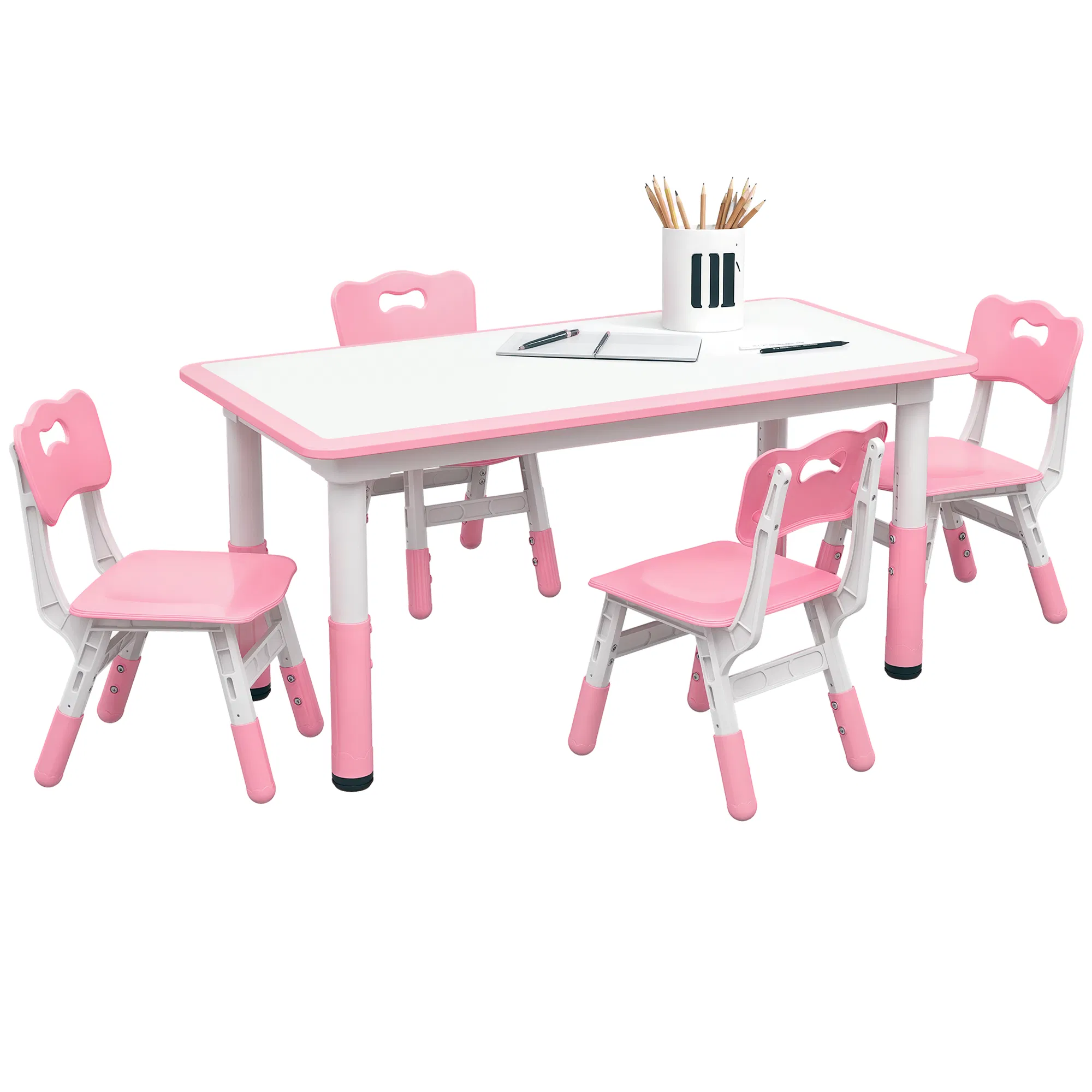 Kids Table and Chair Set with 4 Chairs, Adjustable Height, Easy to Clean, for 1.5 - 5 Years Old, Pink photo 1