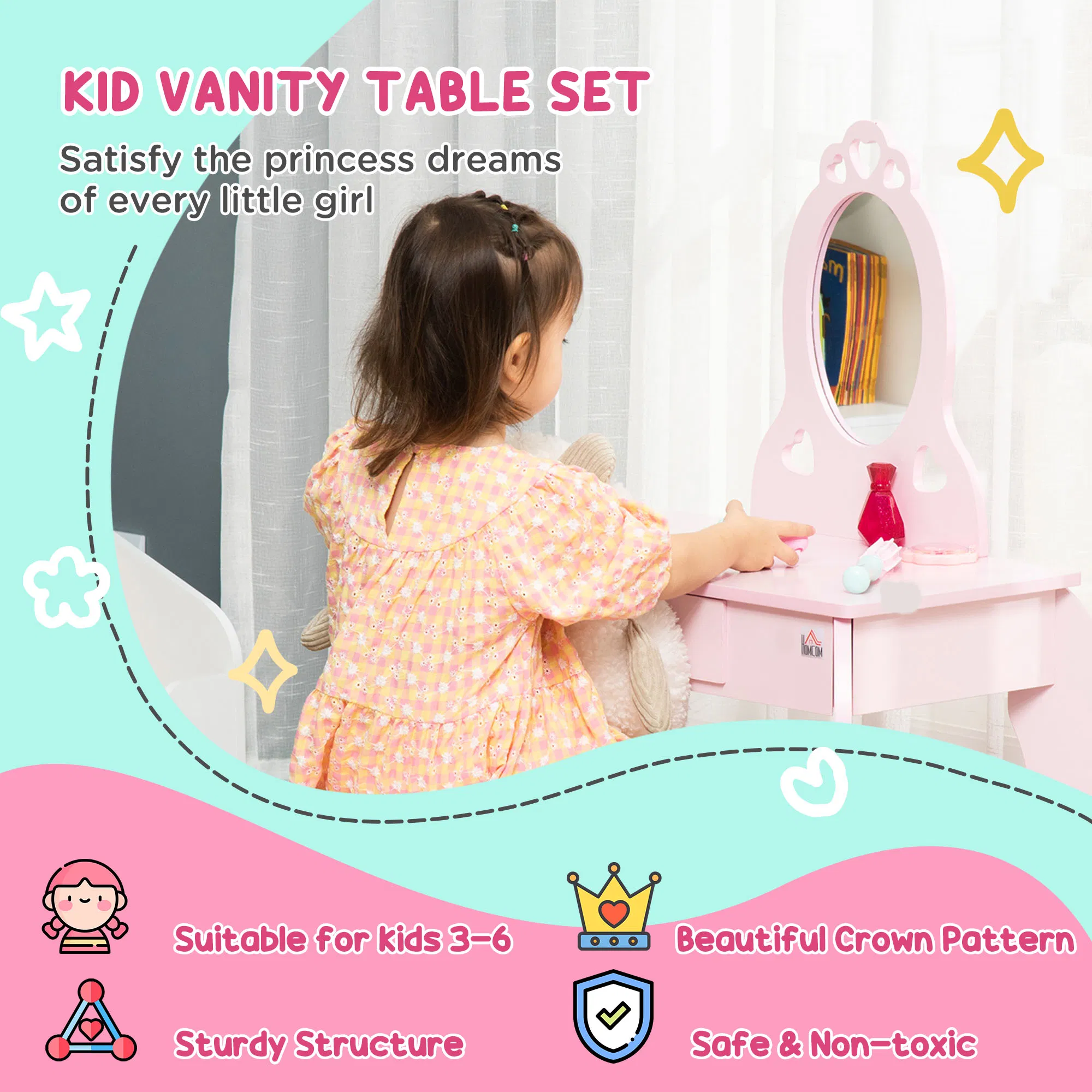 Kids Vanity Table Set with Mirror and Stool, Drawer, for 3-6 Years, Pink photo 2
