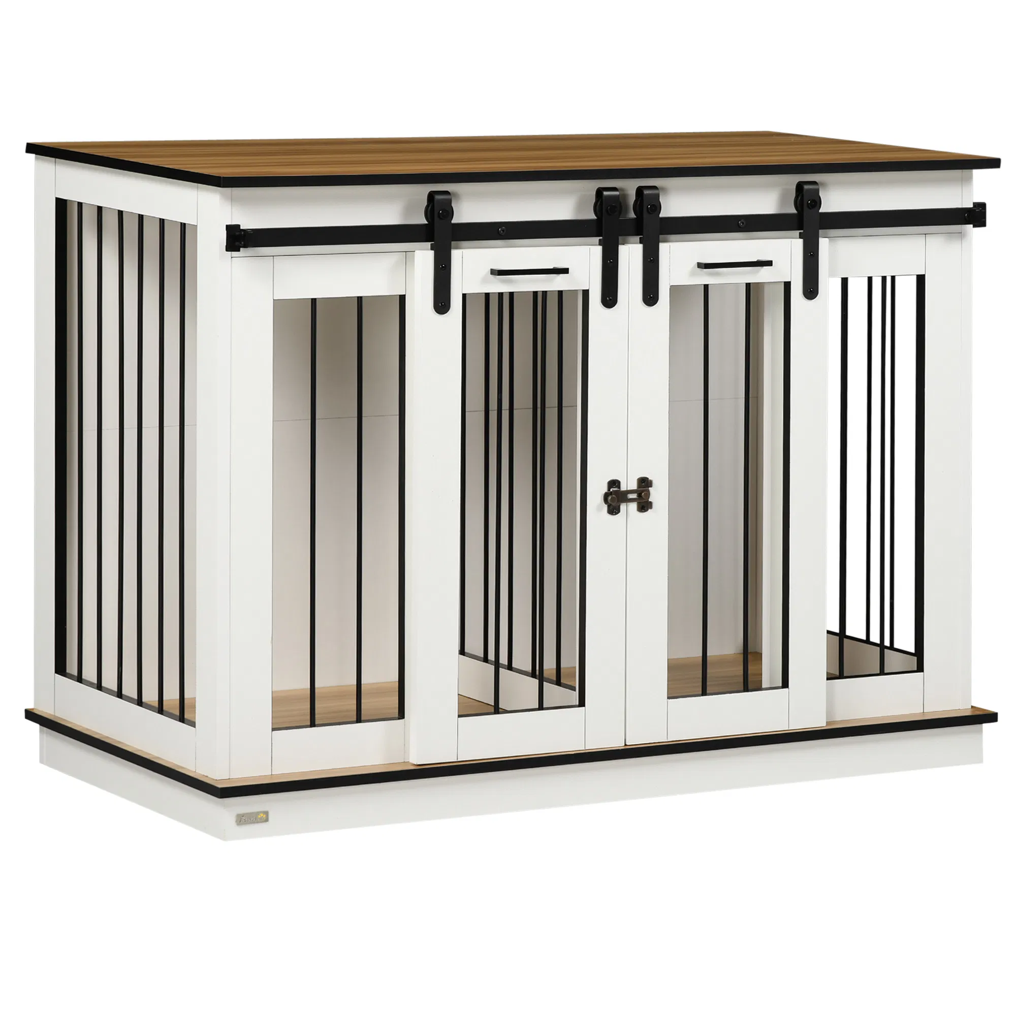 47in Dog Crate Furniture with Divider Panel, Wooden Dog Kennel TV Stand for Large Breeds, Pet House Side Table for 2 Small Breeds with 2 Rooms Design, 2 Sliding Doors, White photo 1