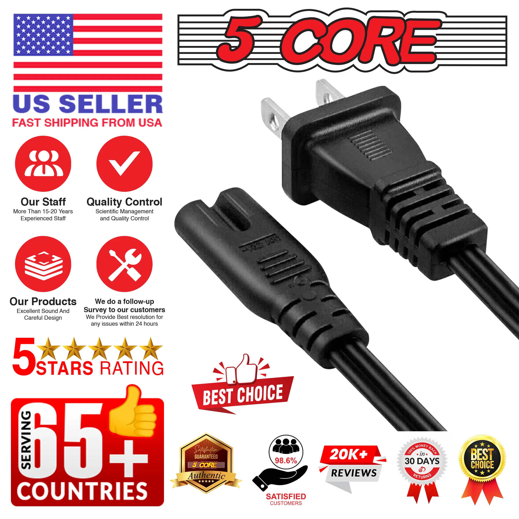 5 Core AC Power Cord 6 Ft ? 2 Prong US Male to Female Extension Adapter ? 16AWG/2C 125V 13A 1/2/5 Pc - PP 1001 photo 6