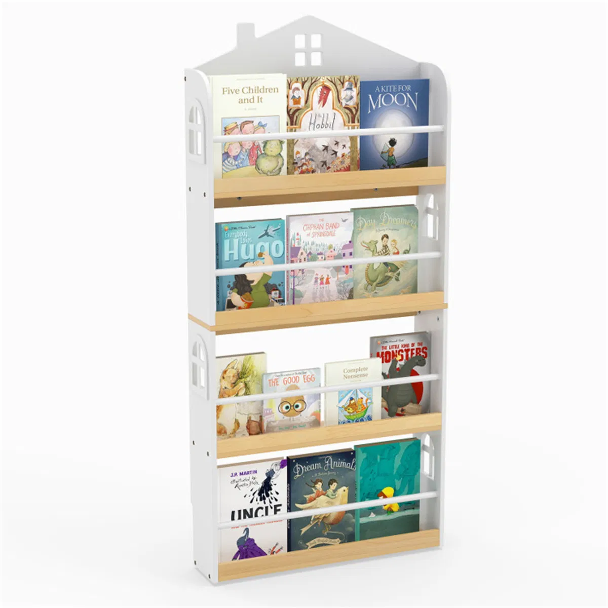 4-Tier House-Shaped Kids Bookshelf, 60.96×15.24×129.54 cm Front-Facing Book Rack with Anti-Toppling Kits for 3+ Years, White & Natural photo 1