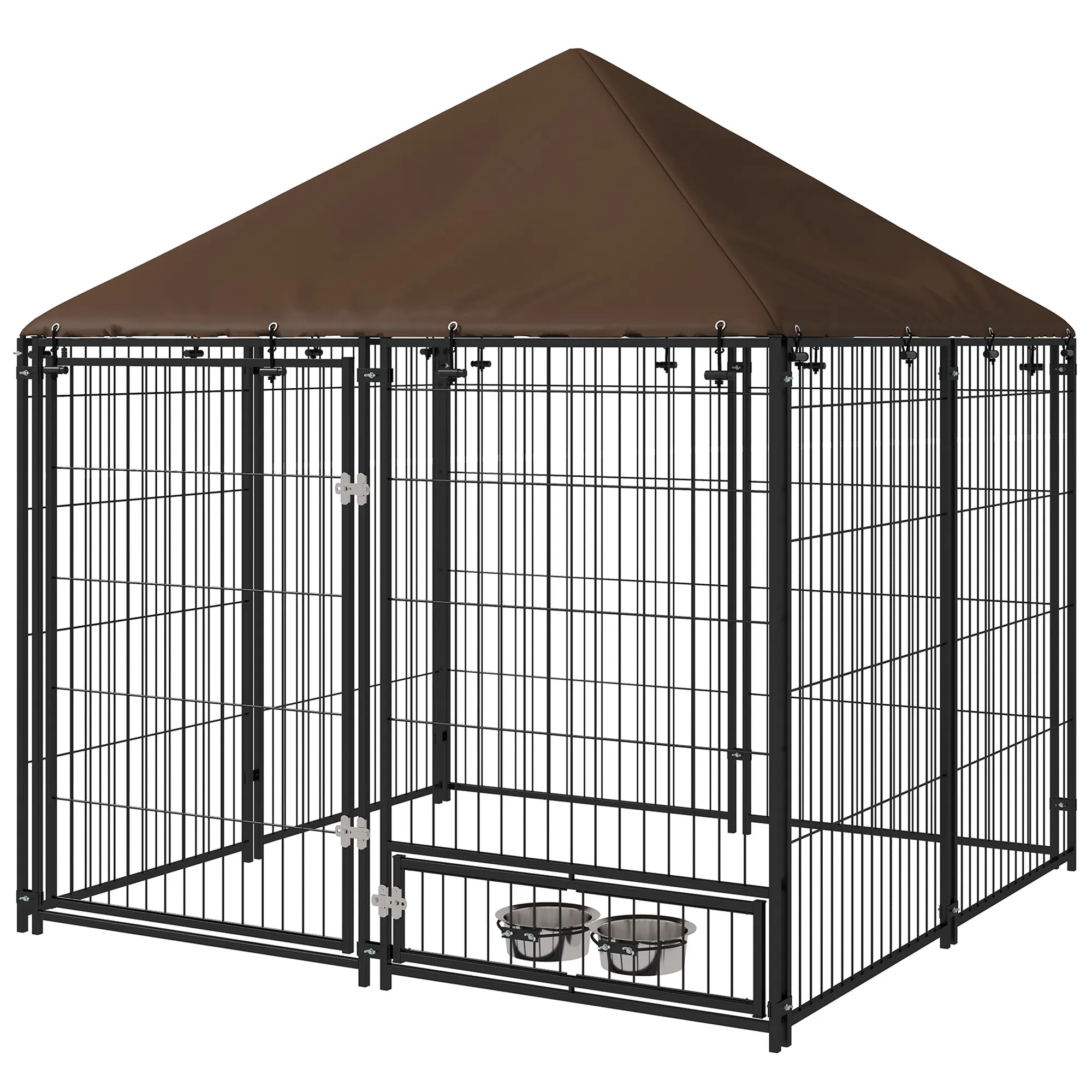 4.6' x 4.6' x 5' Outdoor Dog Kennel with Canopy, Rotating Bowls, Coffee photo 1