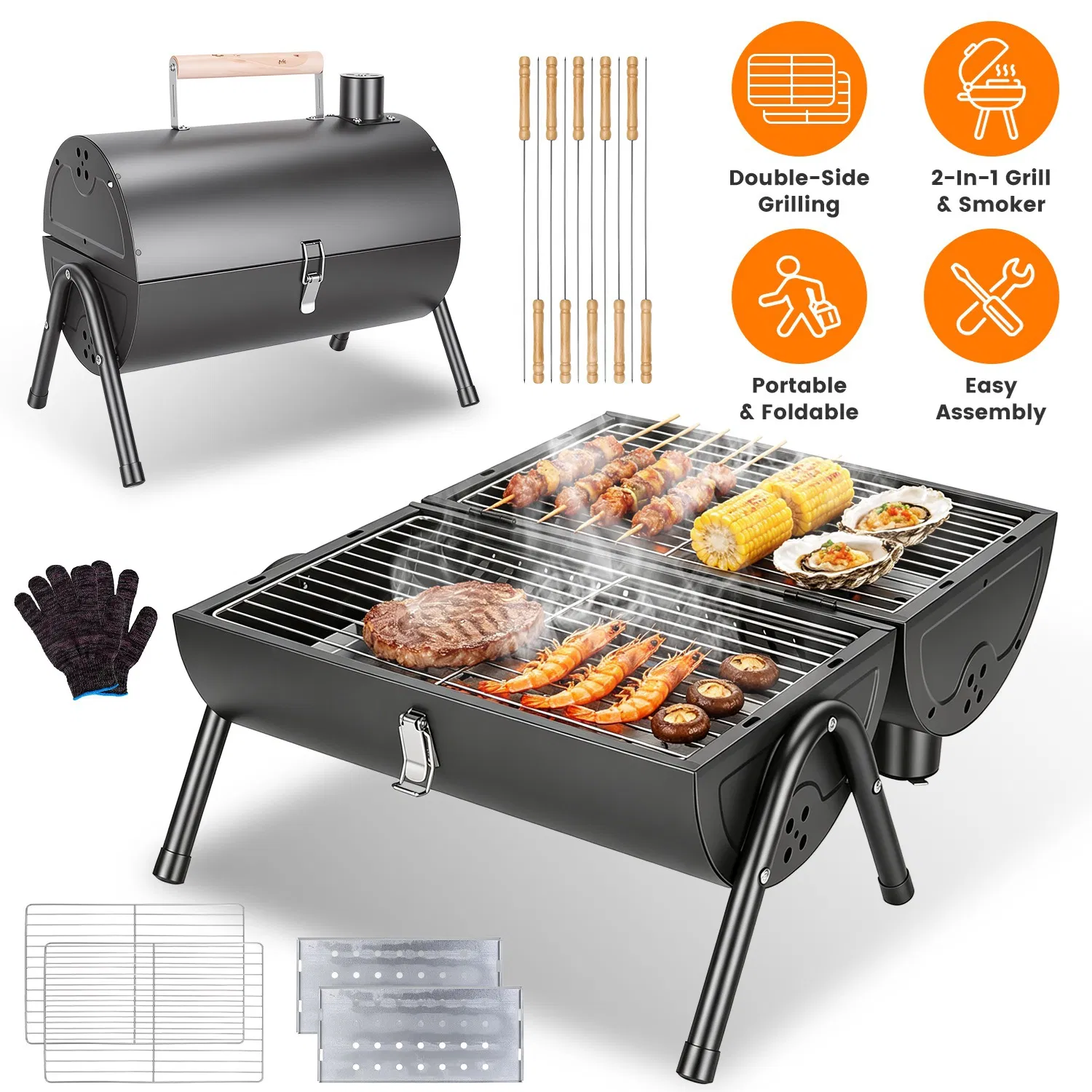 Portable Charcoal Grill Foldable BBQ Grill with Double-Sided Cooking Design, Chimney Vent, 10 Stainless Steel Skewers Carry Handle Outdoor Barbecue Grill for Camping Picnic Beach Backyard photo 1