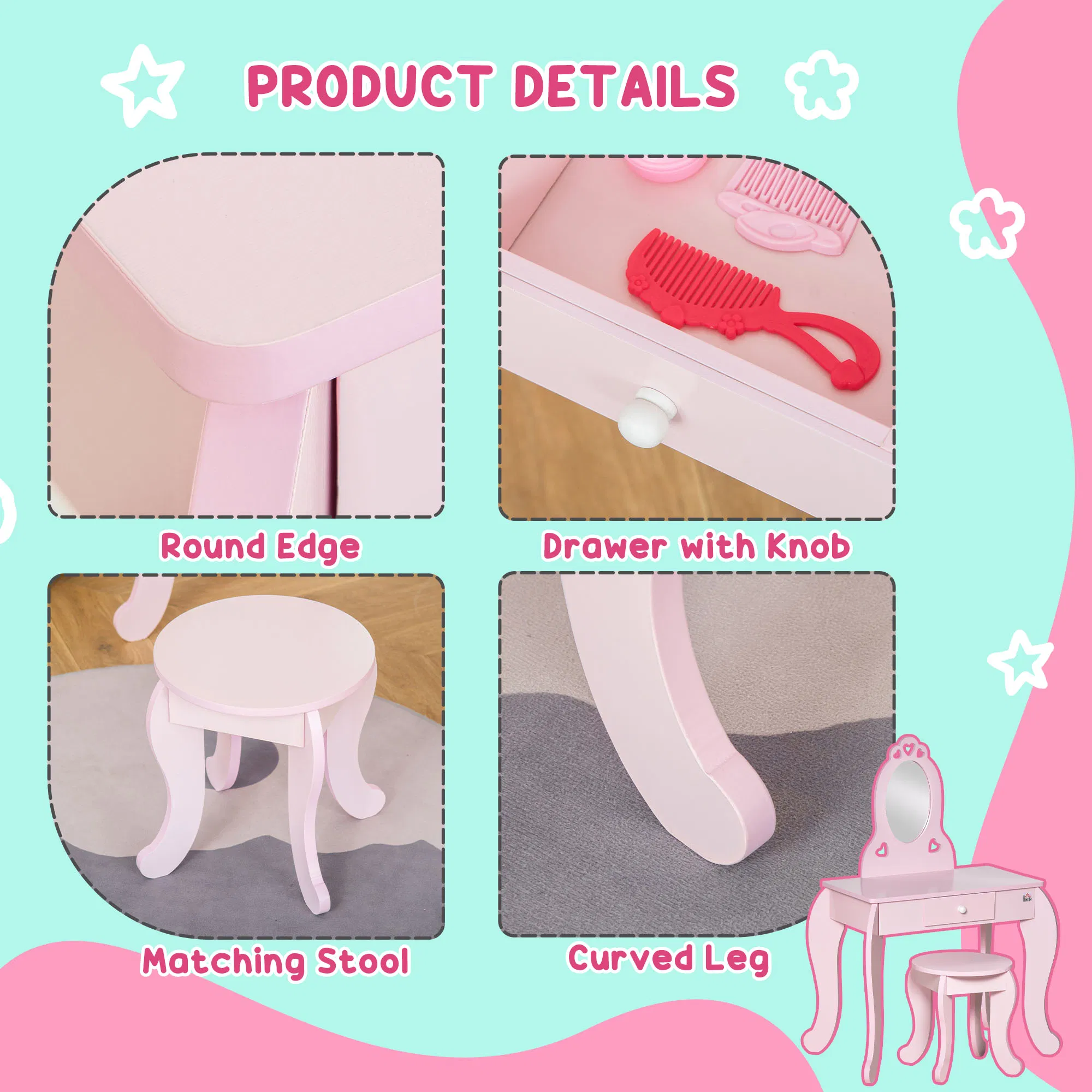Kids Vanity Table Set with Mirror and Stool, Drawer, for 3-6 Years, Pink photo 4