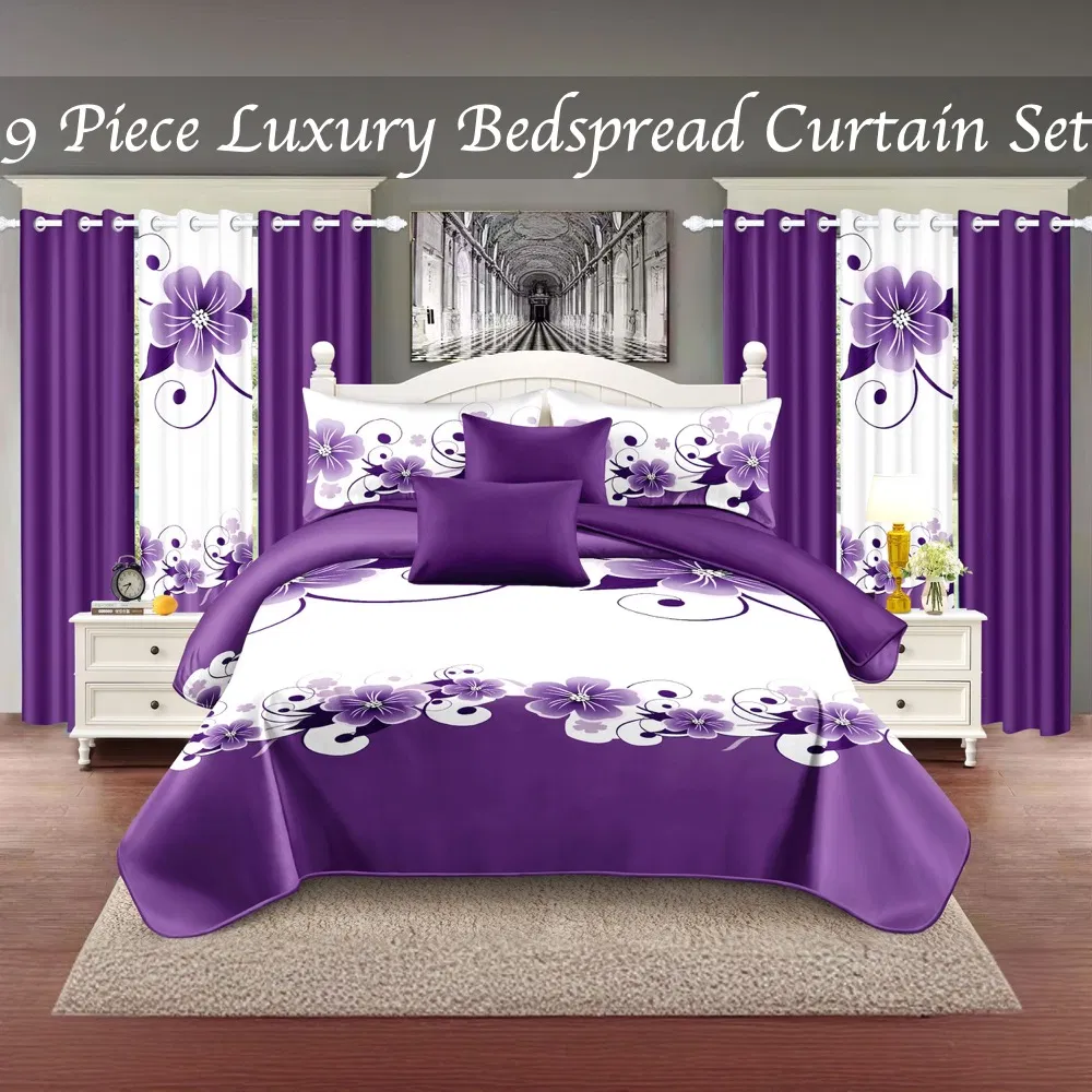9-Piece Purple Floral Bedding & Curtain Set (Queen/King/Cal King) - Quilted Microfiber Bedspread + Sheer Curtains photo 5