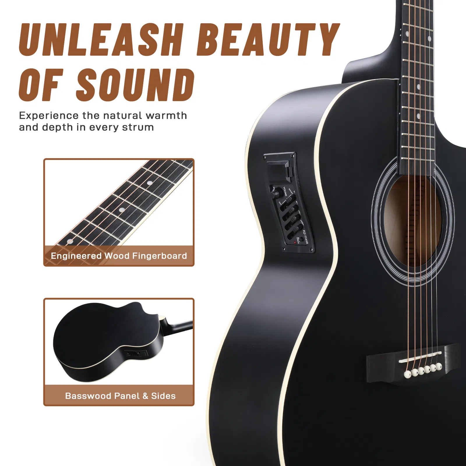 Replace 37788227KMA102 41In Basswood Panel Matte Edging Folk Guitar with 15W Amplifier Bag Tuner and other Accessories Black photo 6