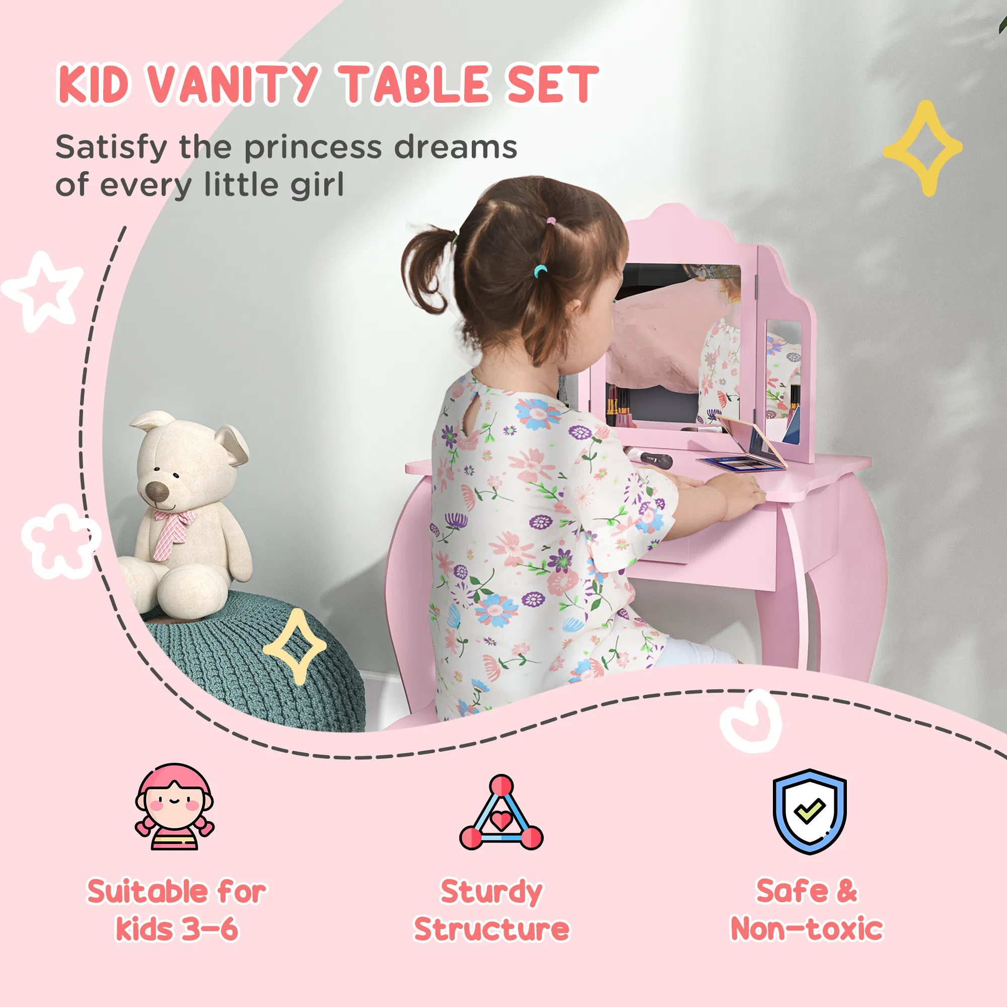 Kids Vanity Table and Stool, Makeup Vanity Girls Dressing Table Set with Tri-folding Mirrors Drawer Star and Heart Pattern, Pink photo 5