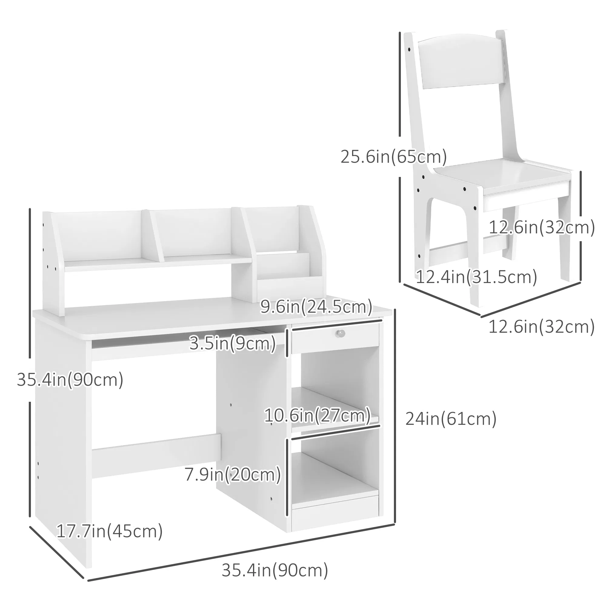 Kids Desk and Chair Set for 5-8 Year Old with Storage, Study Table and Chair for Children, White photo 3