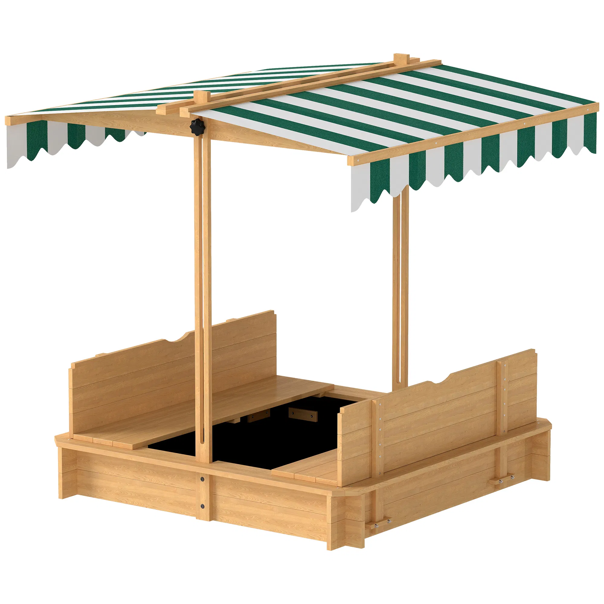 Wooden Kids Sandbox with Cover, Sand Play Station with Foldable Bench Seats and Adjustable Canopy, Light Brown photo 1