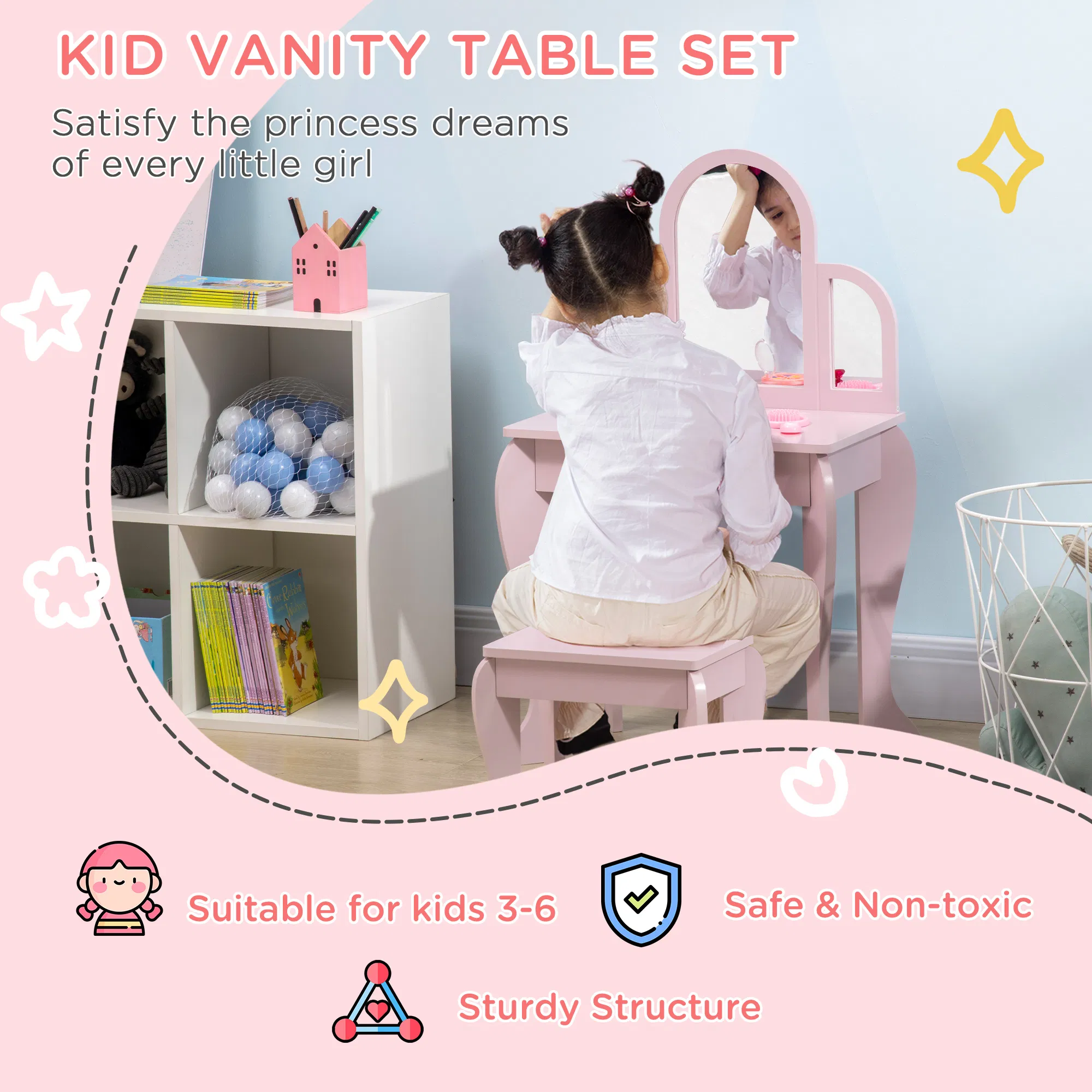 Kids Dressing Table and Chair Set, Girls Dressing Set, Makeup Desk with Drawer for 3-6 Years Old Kids, Pink photo 4