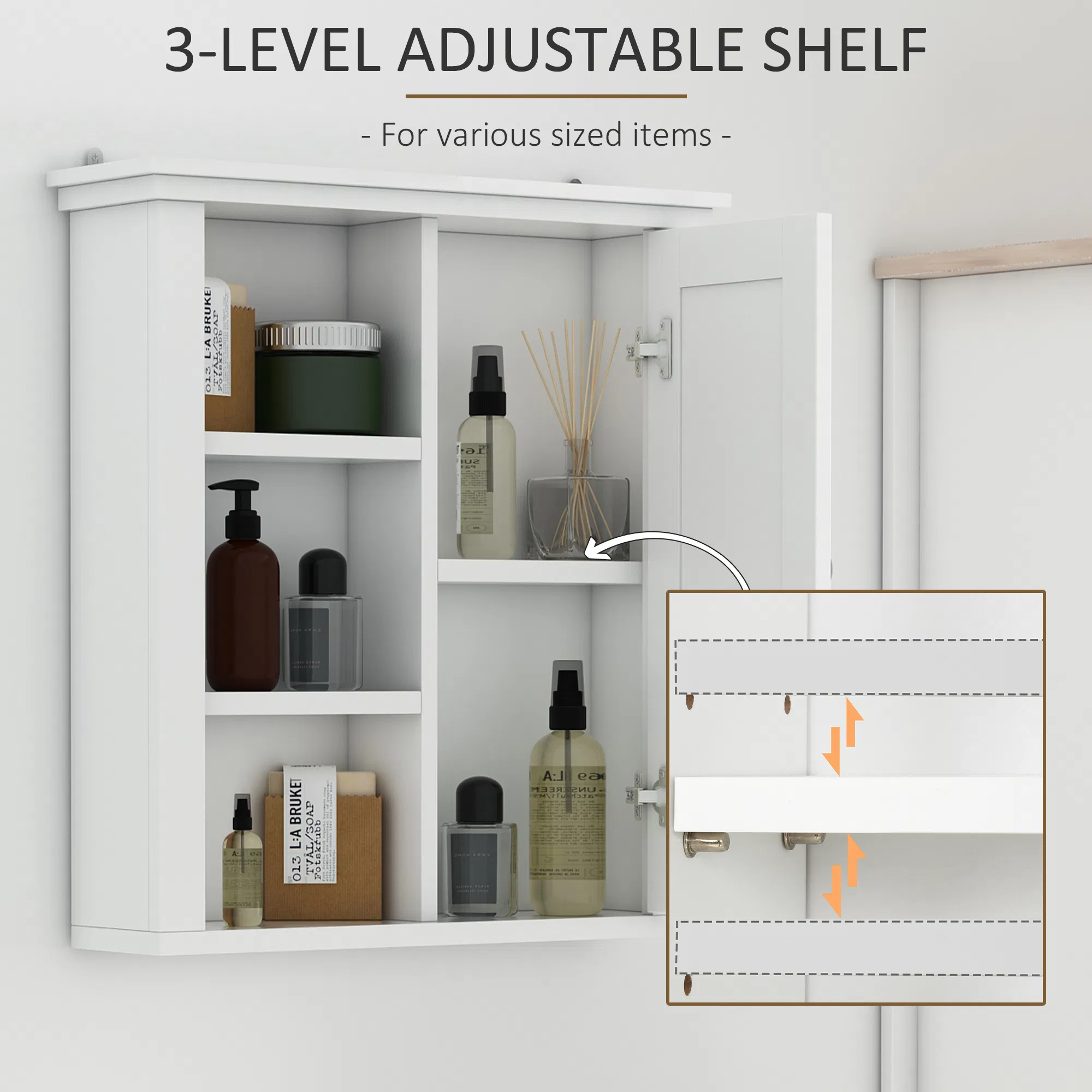 Bathroom Wall Cabinet, Wall Mounted Medicine Cabinet with 3 Open Shelves and Storage Cupboard for Laundry Room, White photo 4