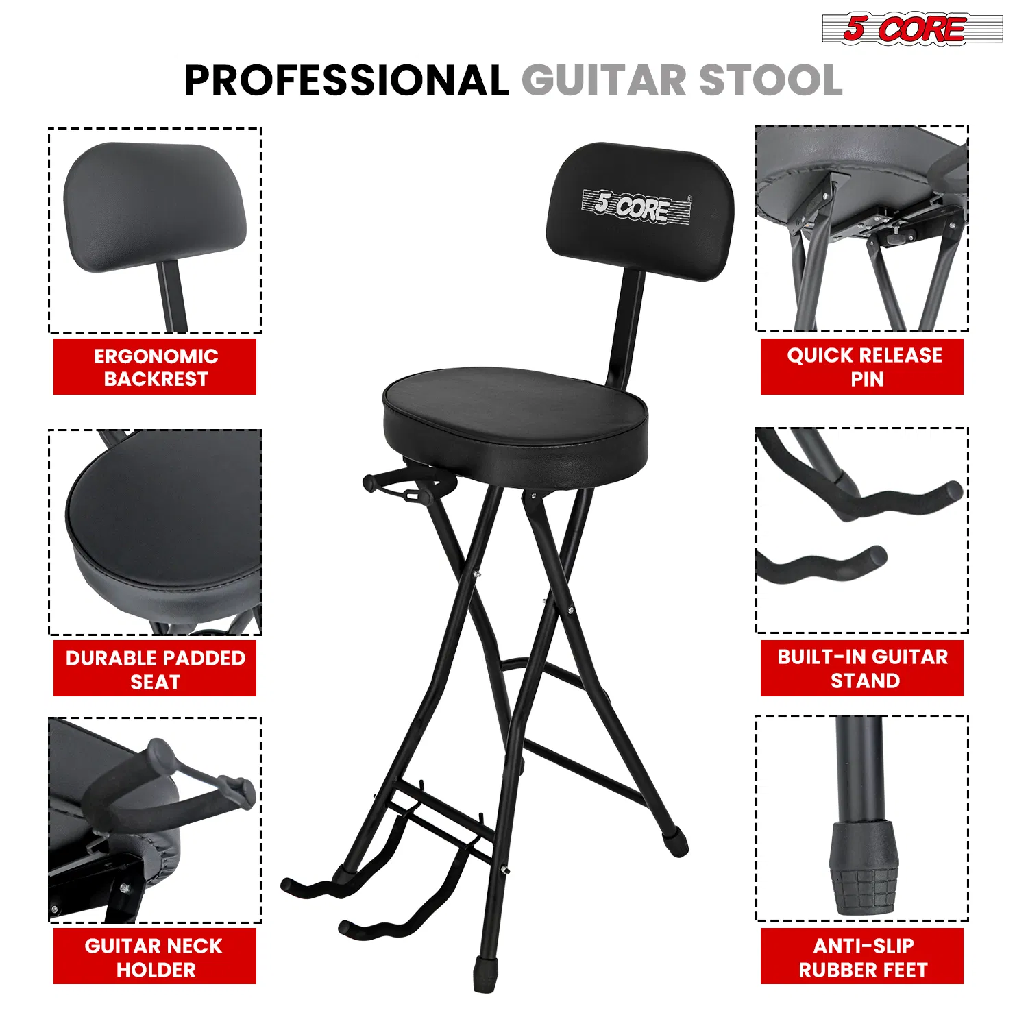 5Core Guitar Stool 3.15" Padded Chair w Backrest Foldable Music Seat Built in Foot Rest Guitar Stand photo 7