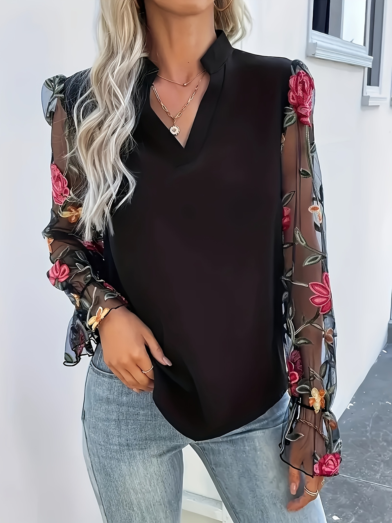Women Stand Collar Split V Neck Satin Blouse Floral Embroidery Sheer Mesh Flare Long Sleeve Elegant Casual Shirt photo 1