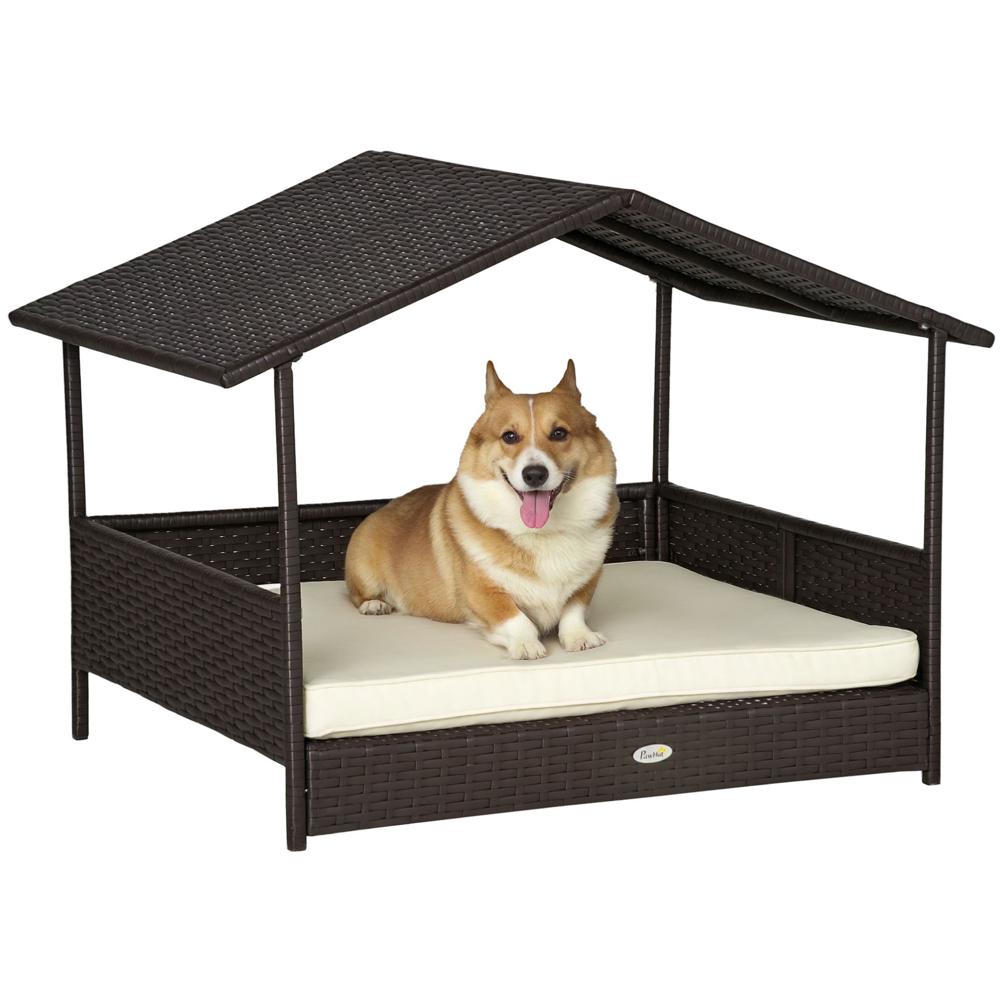 Wicker Dog House, Rattan Pet Bed, With Removable Cushion, Canopy, For Small And Medium Dogs - Cream photo 1