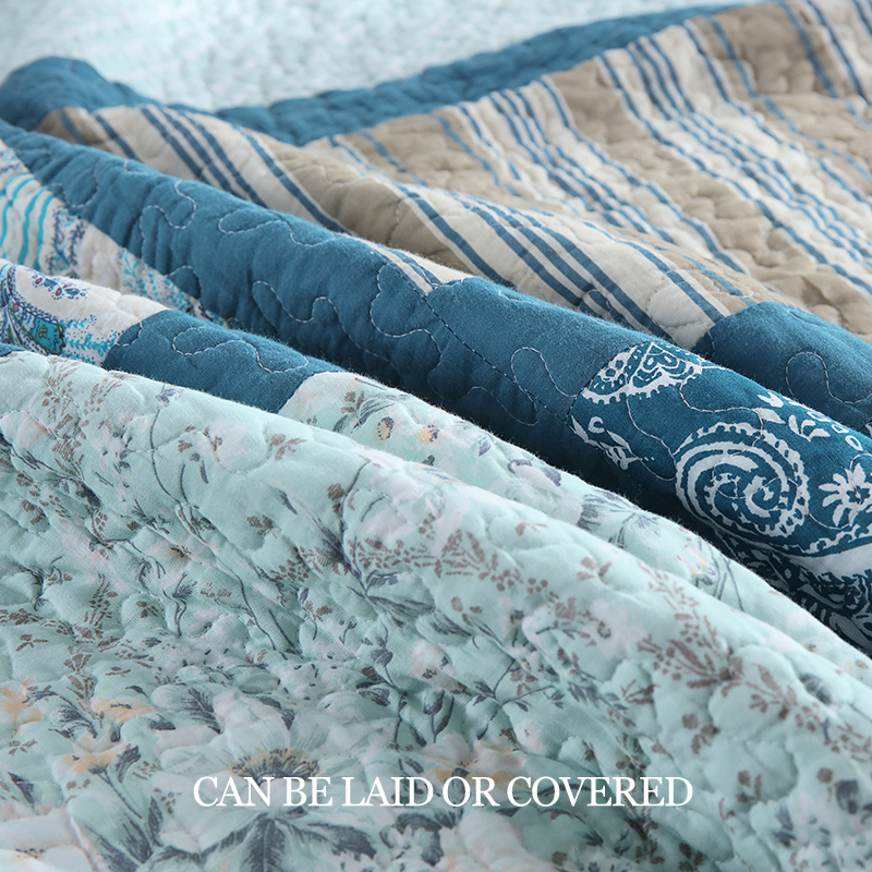 90x98 & 98x106 3 Piece Teal Blue Patchwork Quilt Comforter Set Paisley Floral Stripe Print Handmade Patchwork Quilted Bedspread Cotton Filled Reversible Coverlet Non-Slip Anti-Wrinkle Easy Care photo 6