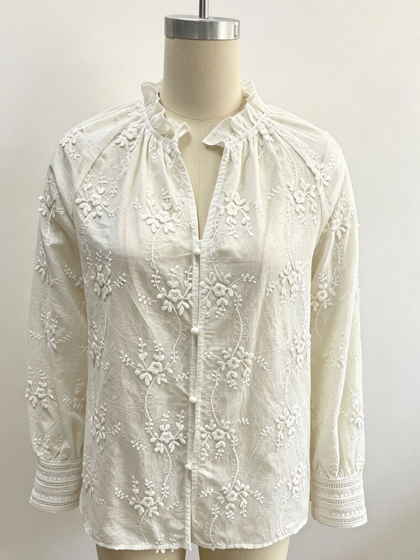 2026 Autumn New Women's Clothing European And American Cross-Border Trade French Ruffled Stand Collar Embroidered Simple Shirt In Stock photo 3