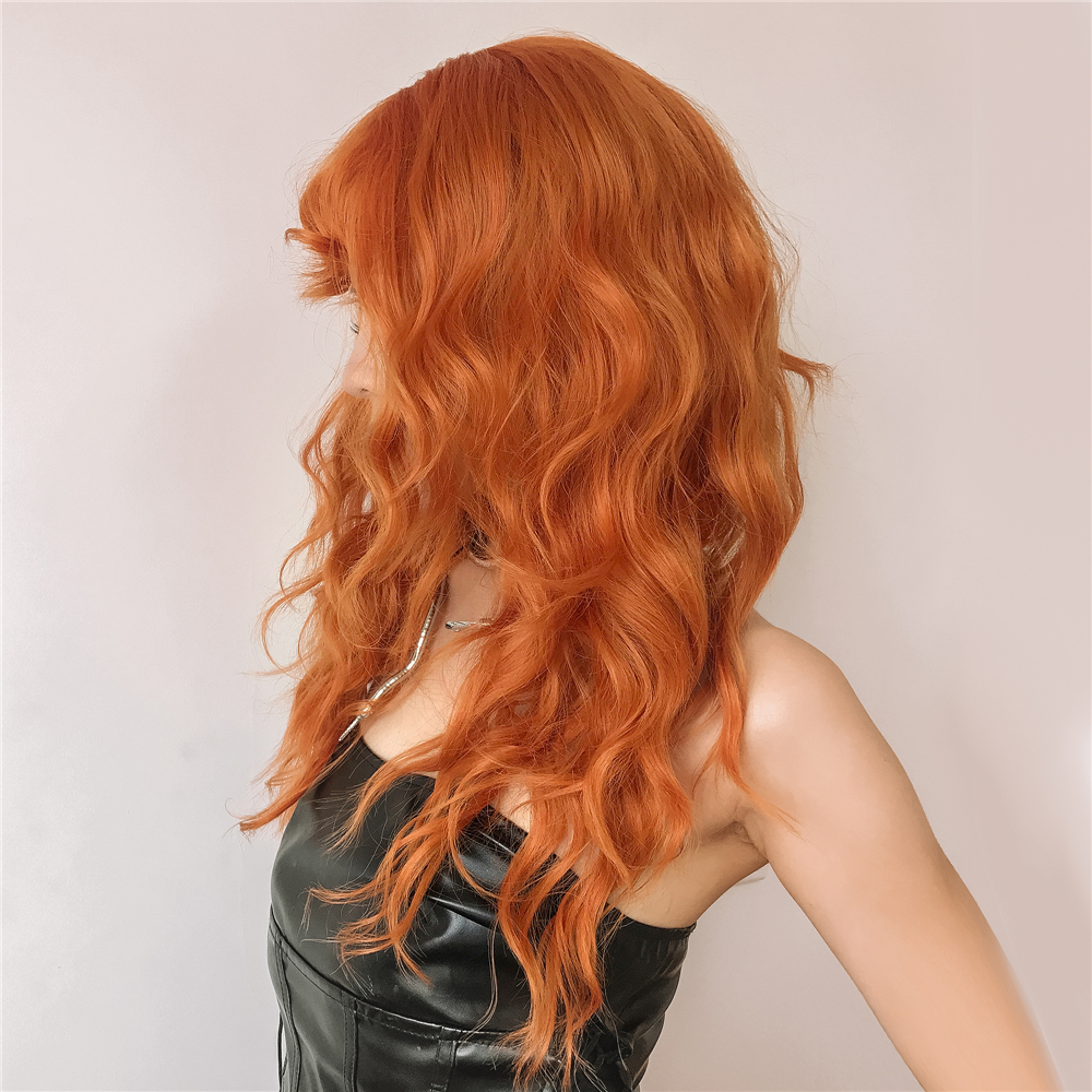 Orange Long Curly Hair With Bangs Wig photo 5