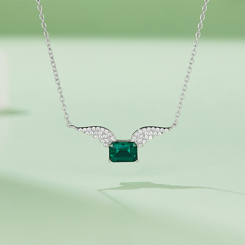 S925 Silver 3g Platinum Plated 0.9ct Lab-Created Emerald Necklace, 7x5mm Angel Wings Pendant, 40&5cm photo 2