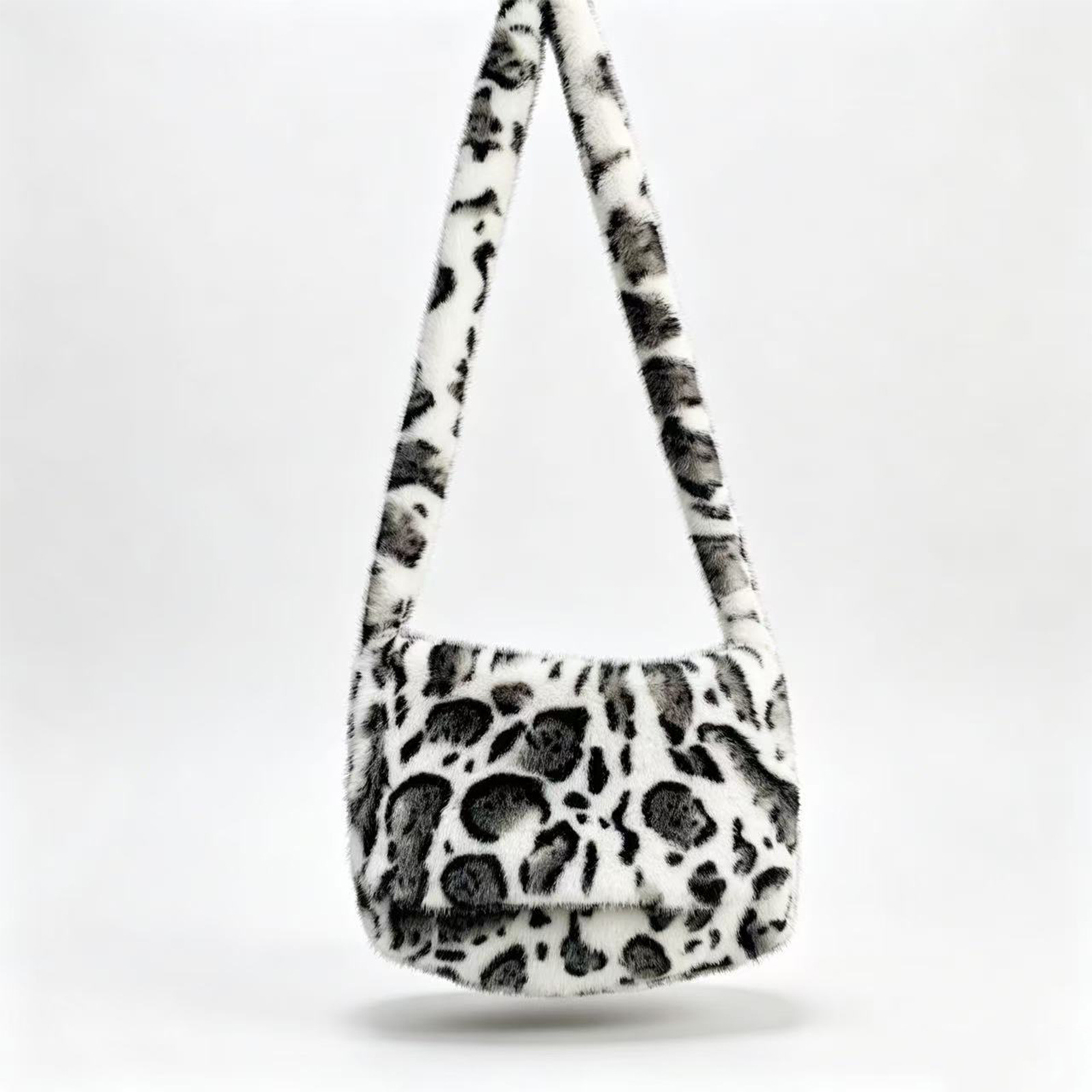 2026 New Leopard Print Plush Crossbody Bag Women's Korean Version Fashionable Faux Fur Large Capacity Shoulder Bag Flap Trend - White Leopard Print photo 2