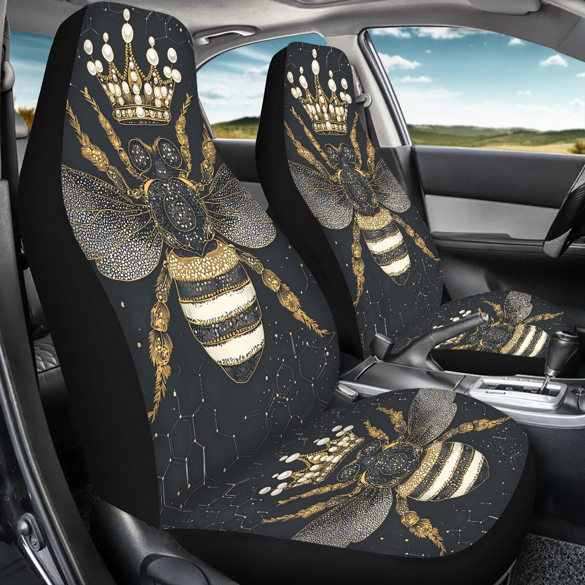 2 Front Car Seat Covers, Digitally Printed With A Honeybee Pattern, Thin, Suitable For All Seasons, Fashionable Car Seat Covers photo 5