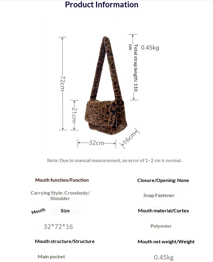 2026 New Leopard Print Plush Crossbody Bag Women's Korean Version Fashionable Faux Fur Large Capacity Shoulder Bag Flap Trend - Rose Red Leopard Print photo 4