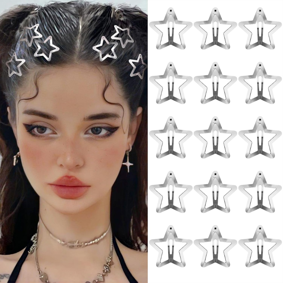 15PCS Star Hair Clips, Y2K 2000s Snap Hair Barrettes, Non-Slip Silver Metal Star Hair Accessories For Girls & Women photo 1