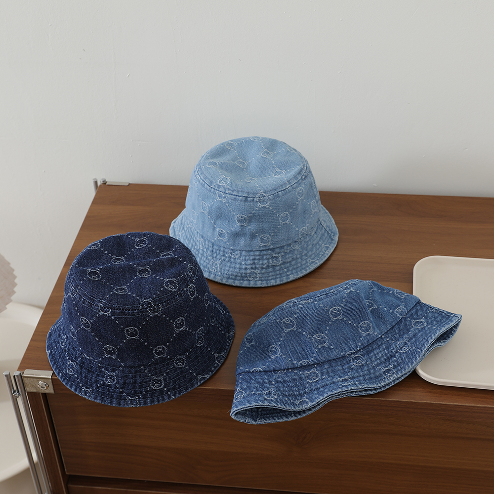 Retro Washed Baby Denim Fisherman Hat With Full Pattern Of Diamond-shaped Jacquard And A Small Bear On The Brim photo 1